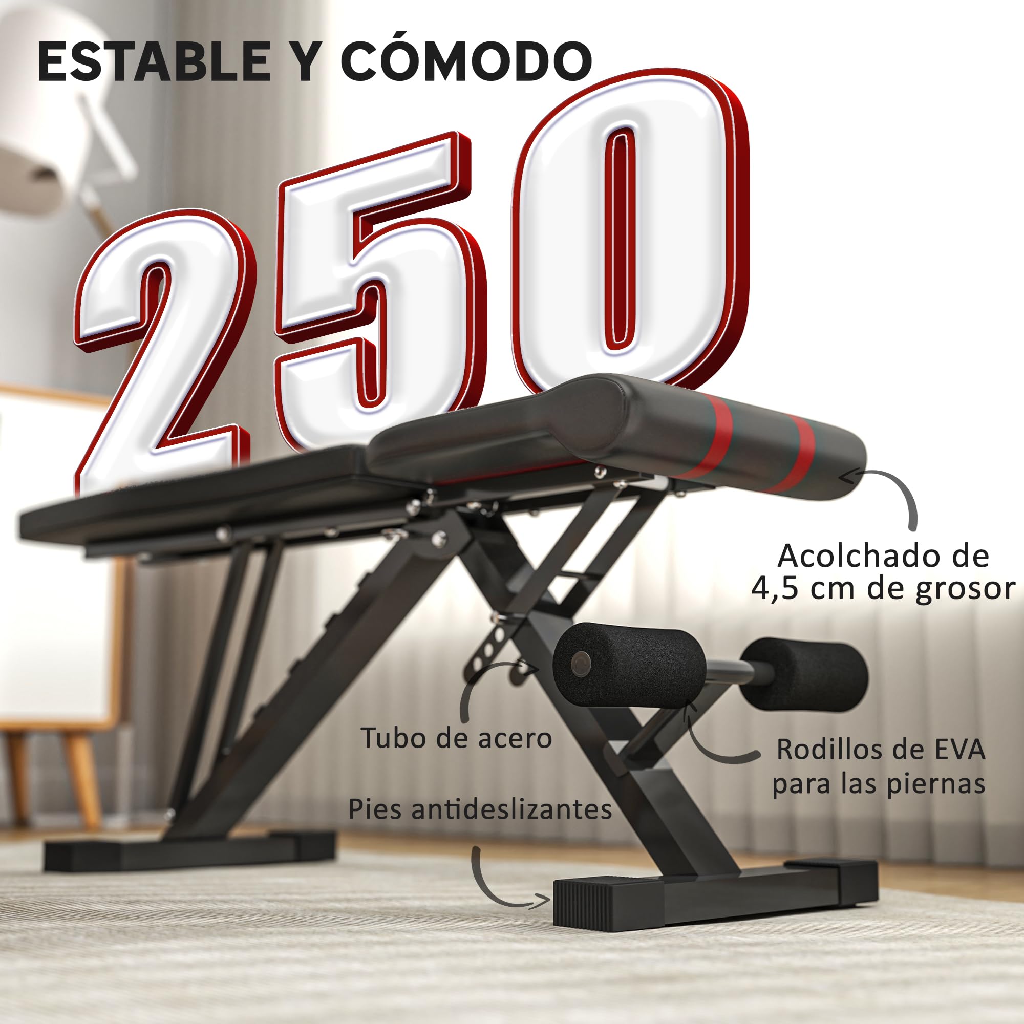 SPORTNOW Banco de Pesas de Musculación Regulable Plegable 250 kg Negro | Banco de Abdominales, Entrenamiento de Cuerpo Completo, en Casa y Gimnasio