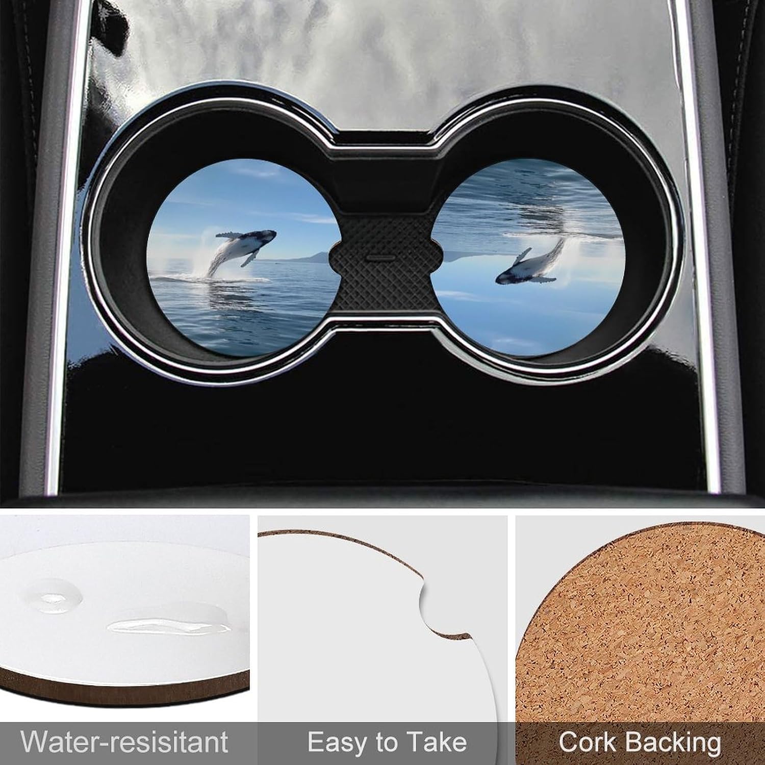 Whales Jump Out Water Car Cup Holder Coaster with Cork Base 2.6 Inches Anti Slip