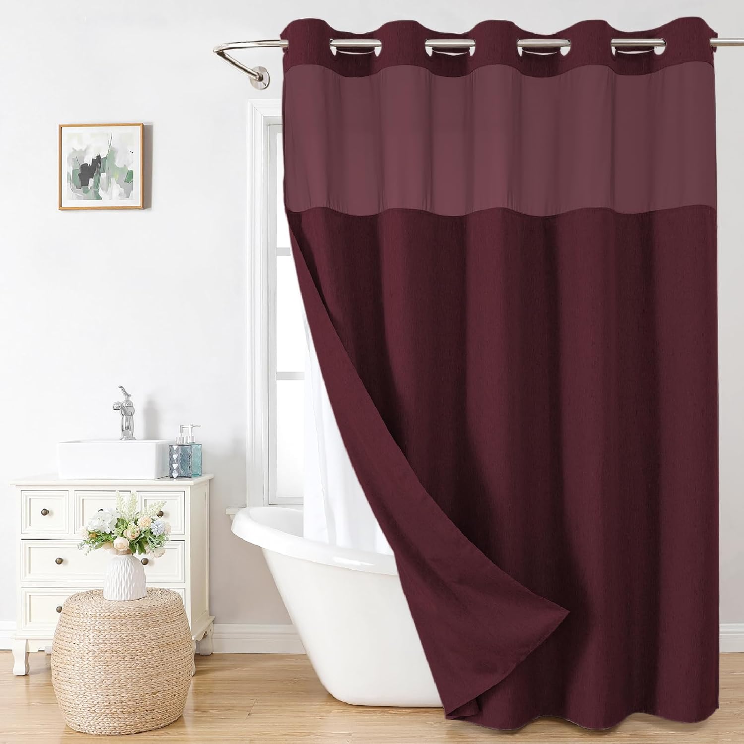 Long No Hooks Needed Linen Textured Shower Curtain with Snap-in Fabric Liner Set,Hotel Luxury Decor Shower Curtains for Bathroom,Waterproof & Washable,71Wx80H,Burgundy 71"W x 80"L (Pack of 1) Burgundy