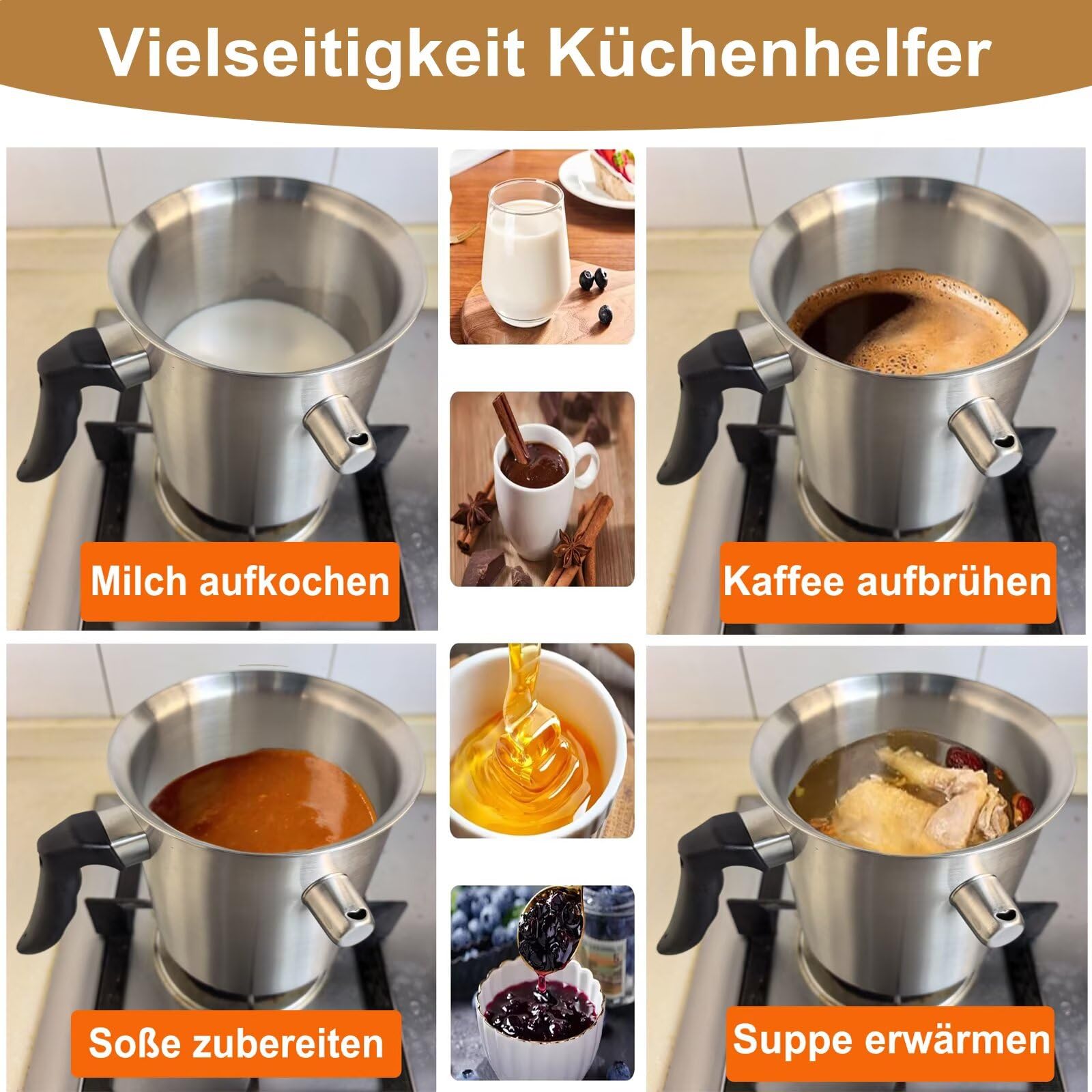 1L Milchtopf mit Deckel für Erhitzen Milch und Soßen, Simmertopf Milchtöpfe aus 304 Edelstahl,für Gas Elektro Induktion,Doppelwandig Kochtopf Wasserbad Schmelztopf