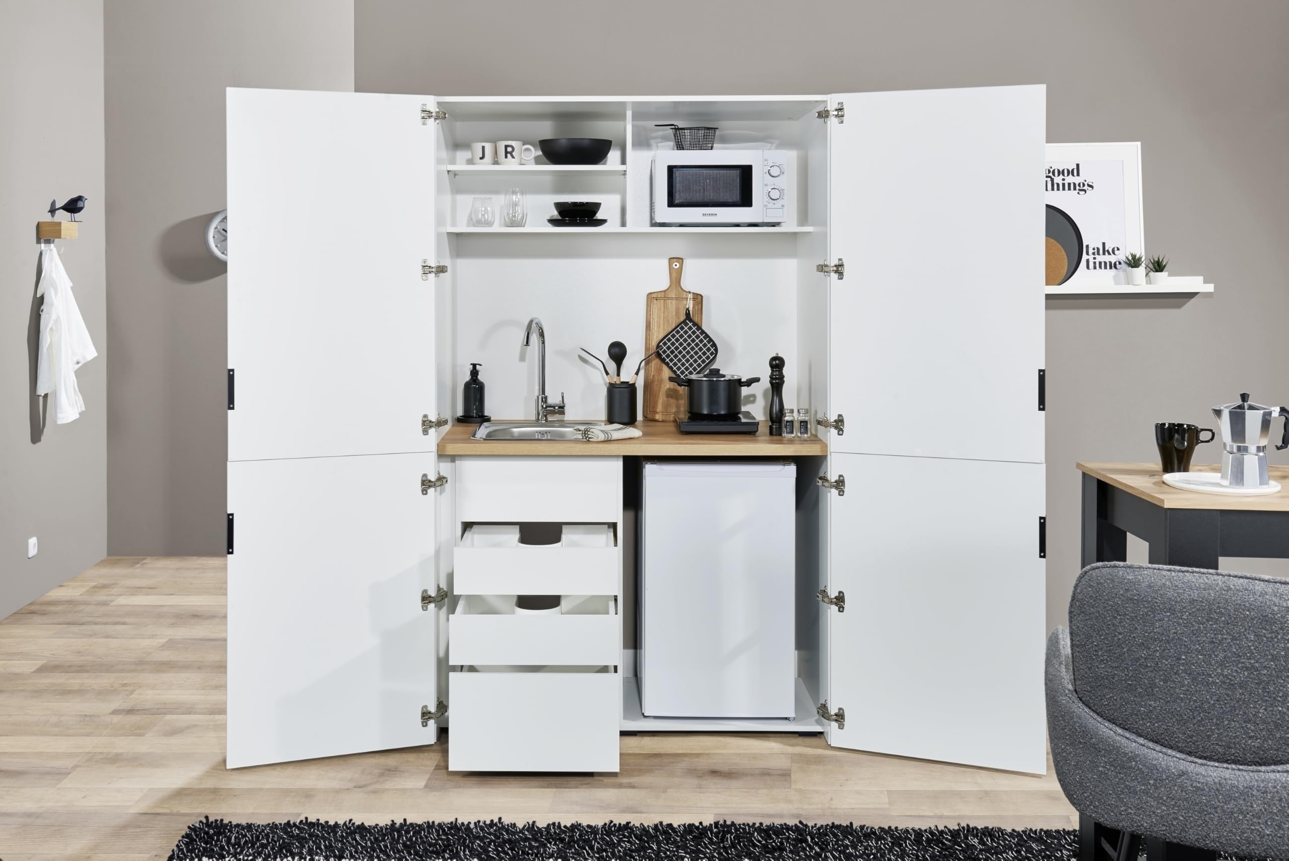 Miniküche >Heidelberg< Weiß, kompakt & funktional: Studentenküche 124x200x70 cm mit Kühlschrank-Nische, Schubladen, Türen, FSC-zertifiziert, Kabeldurchführung, 28 mm Arbeitsplatte – zerlegt geliefert