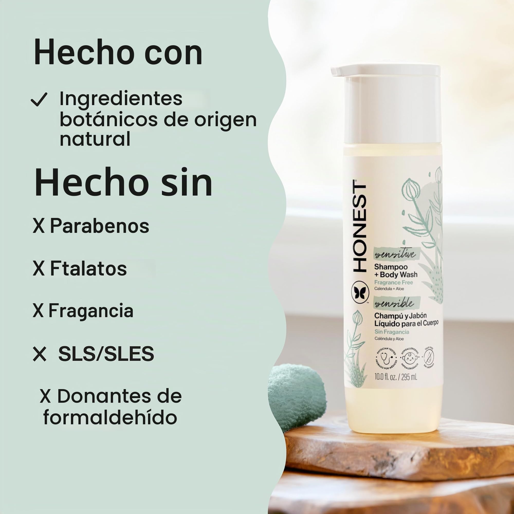 The Honest Company Champú limpiador 2 en 1 + gel de baño para piel sensible | Suave para el bebé | Derivado naturalmente, sin desgarros, hipoalergénico | Sin fragancia, 10 onzas líquidas