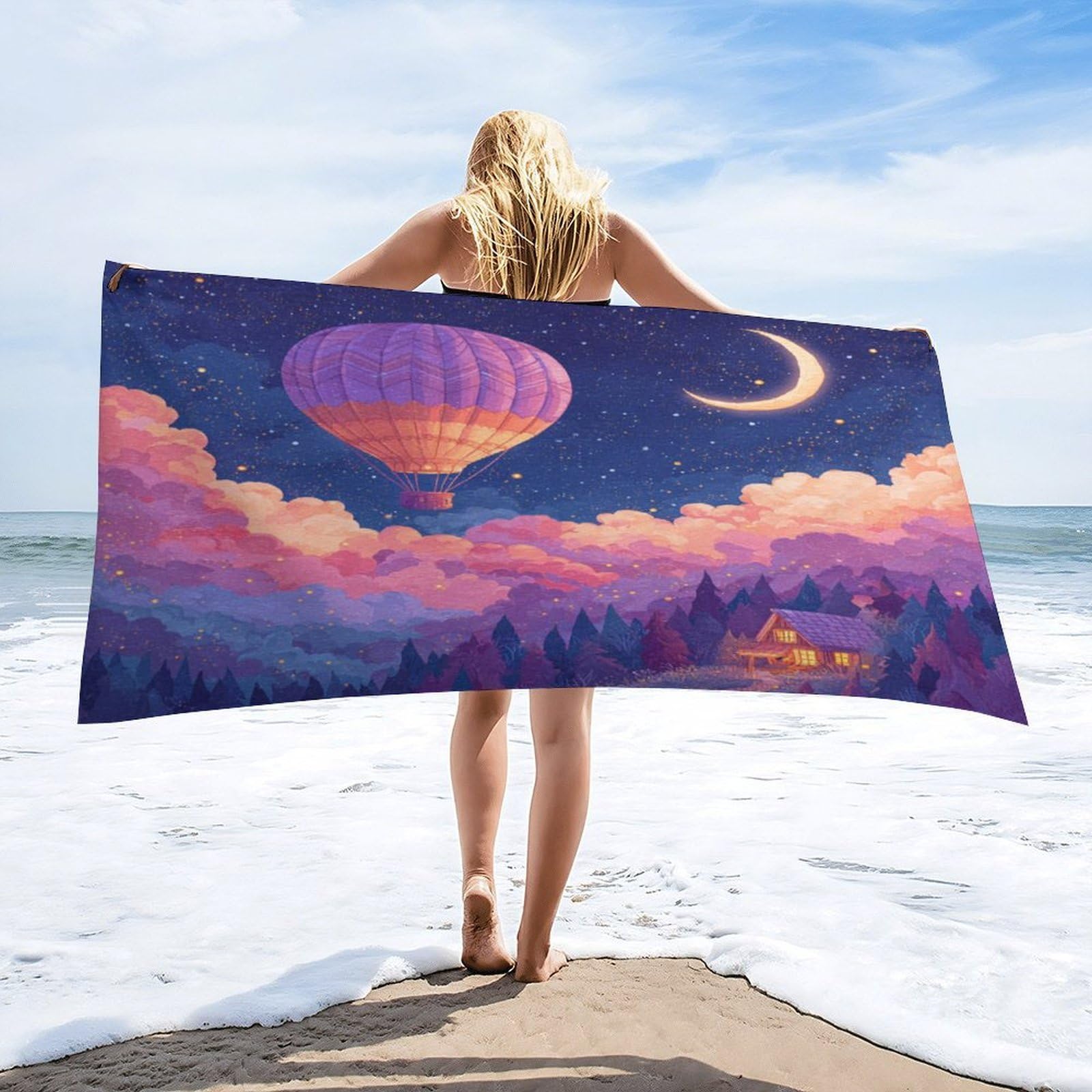 Luyysky Funny Fantasy Hot Air Balloon Absorbent Beach Towel, Abstract Watercolor Galaxy Enchanted Fairy Forest Cloud Pattern Outdoor Single-Sided Velvet Beach Towel-80 W Cm X 160" L Cm