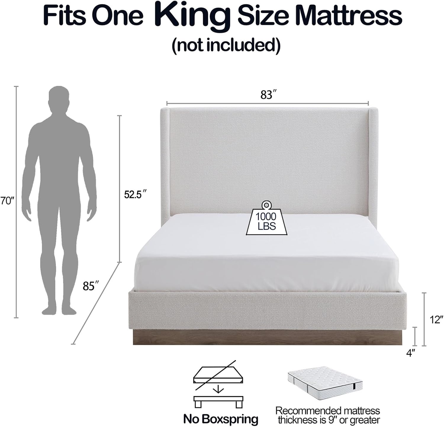 King Size Upholstered Platform Bed Frame with 52.5" Tall Headboard, Wood Base Platform Bed, Rusticity Wingback Bed, Oat Boucle, No Box Spring Needed, No Noise