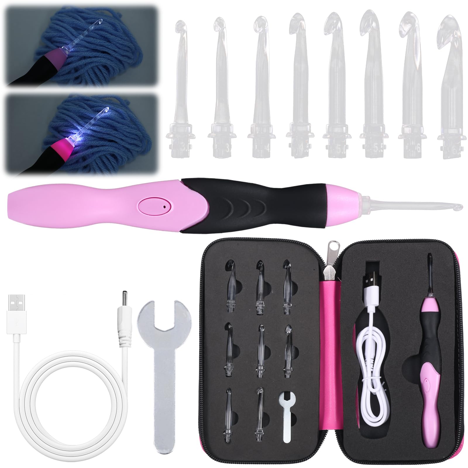 9 Sizes Light Up Crochet Hooks Set 2.5 mm to 7.5mm, USB Rechargeable Lighted Crochet Hooks with 2 Brightness Modes and Zipper Organizer Bag for Crocheting Knittings(Pink)
