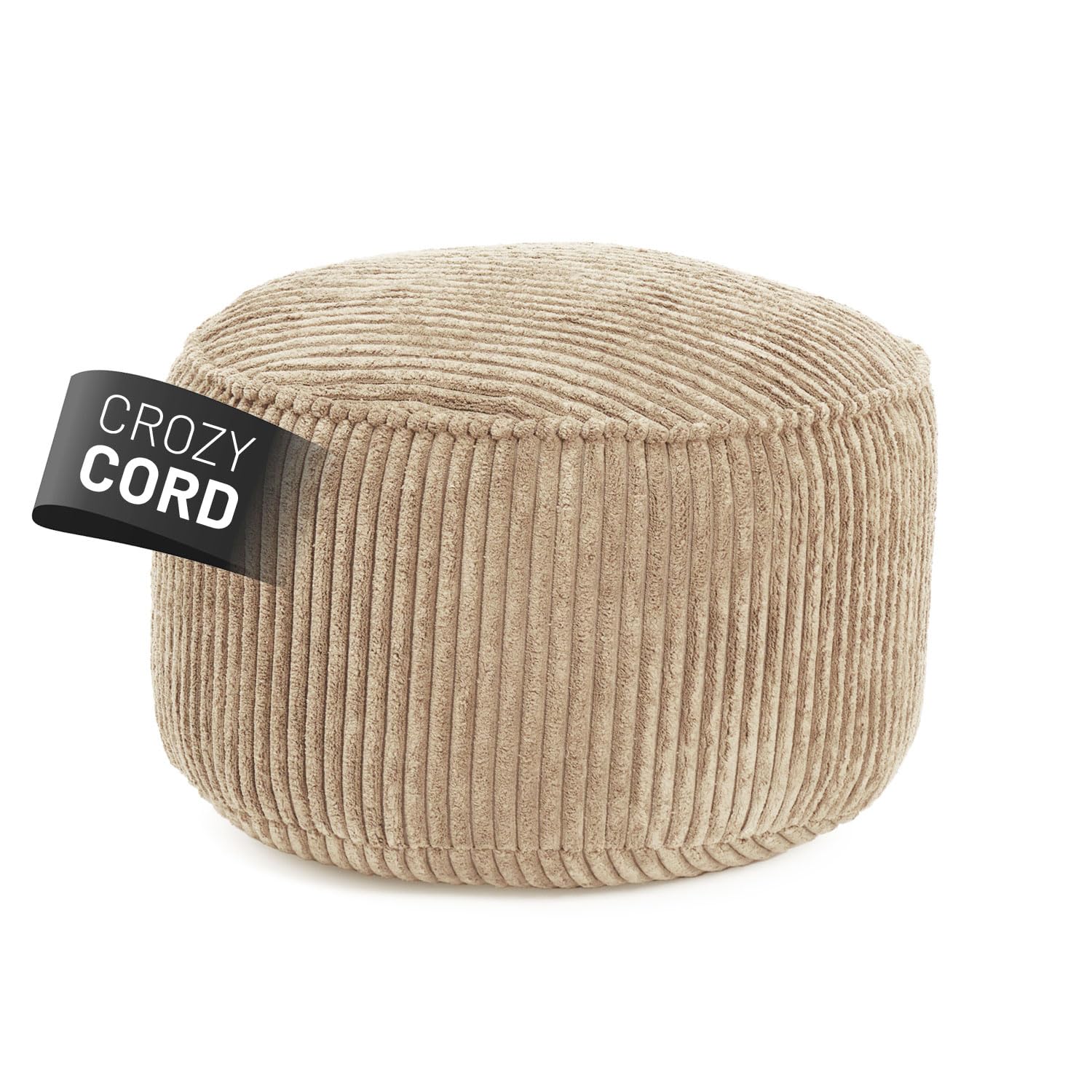 Lumaland Sitzsack Pouf aus Cord | Kompakter 50L Gaming Pouf mit 3-in-1-Funktion: bequemer Hocker, praktisches Tischchen & stylischer Indoor Fußschemel | Ø 25 x 45 cm [Beige]