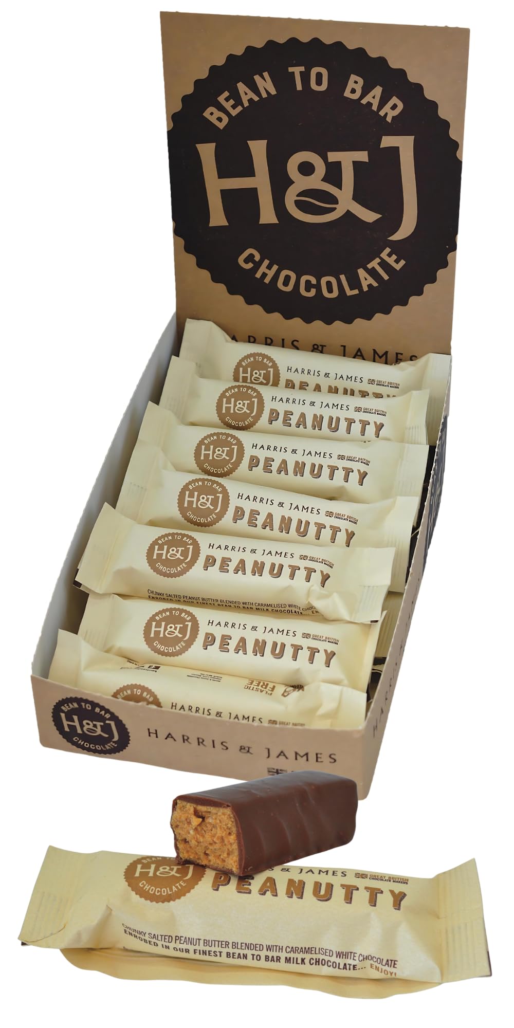 Harris & James Peanutty Chocolate Bars 60g (Pack of 18) Creamy Salted Peanut Butter Blended With Caramelised White Chocolate Enrobed With Smooth Milk Chocolate | Hand Made in Small Batches.