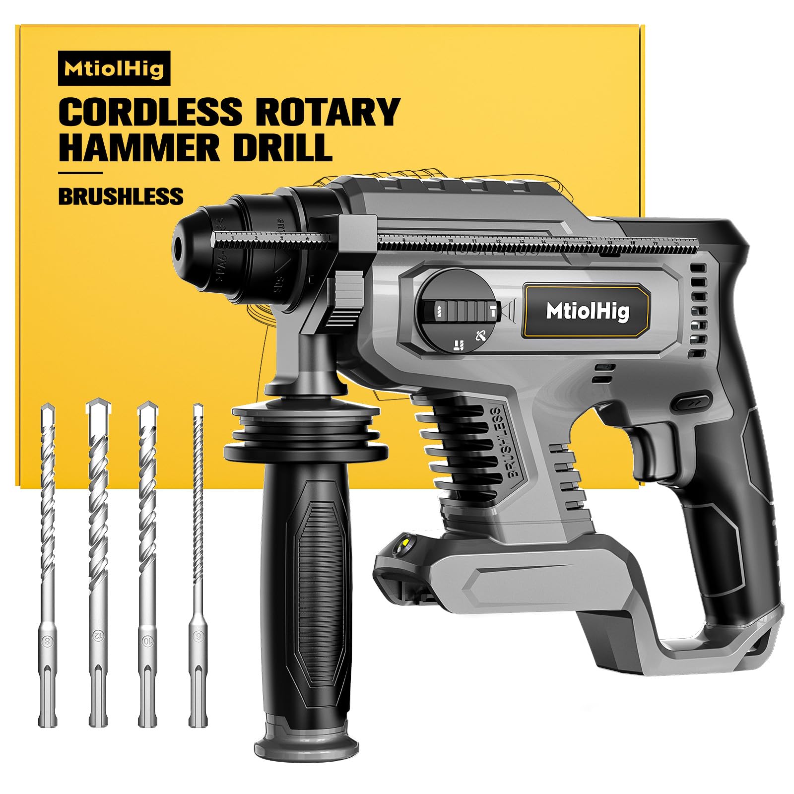 MtiolHig Cordless Rotary Hammer Drill for Dewalt 20V MAX Battery, Brushless SDS-Plus Hammer Drill with Safety Clutch for Concrete/Masonry, 4 Modes with 360°Auxiliary Handle, Including 4 Drill Bits