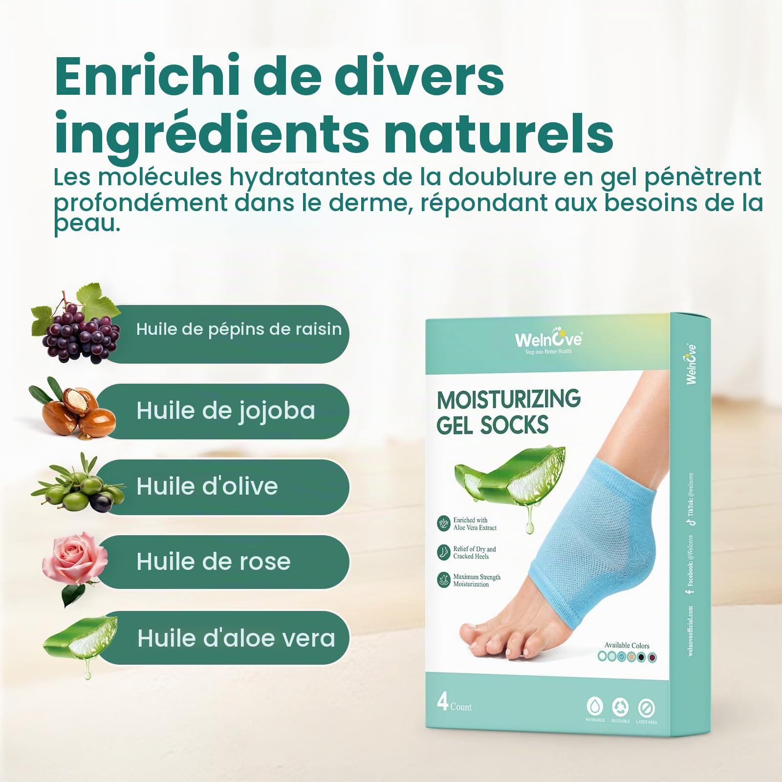 Welnove Lot de 2 paires de chaussettes hydratantes à talon Extrait d'aloe vera Doublure en gel pour pieds secs Traitement de réparation du talon fissuré