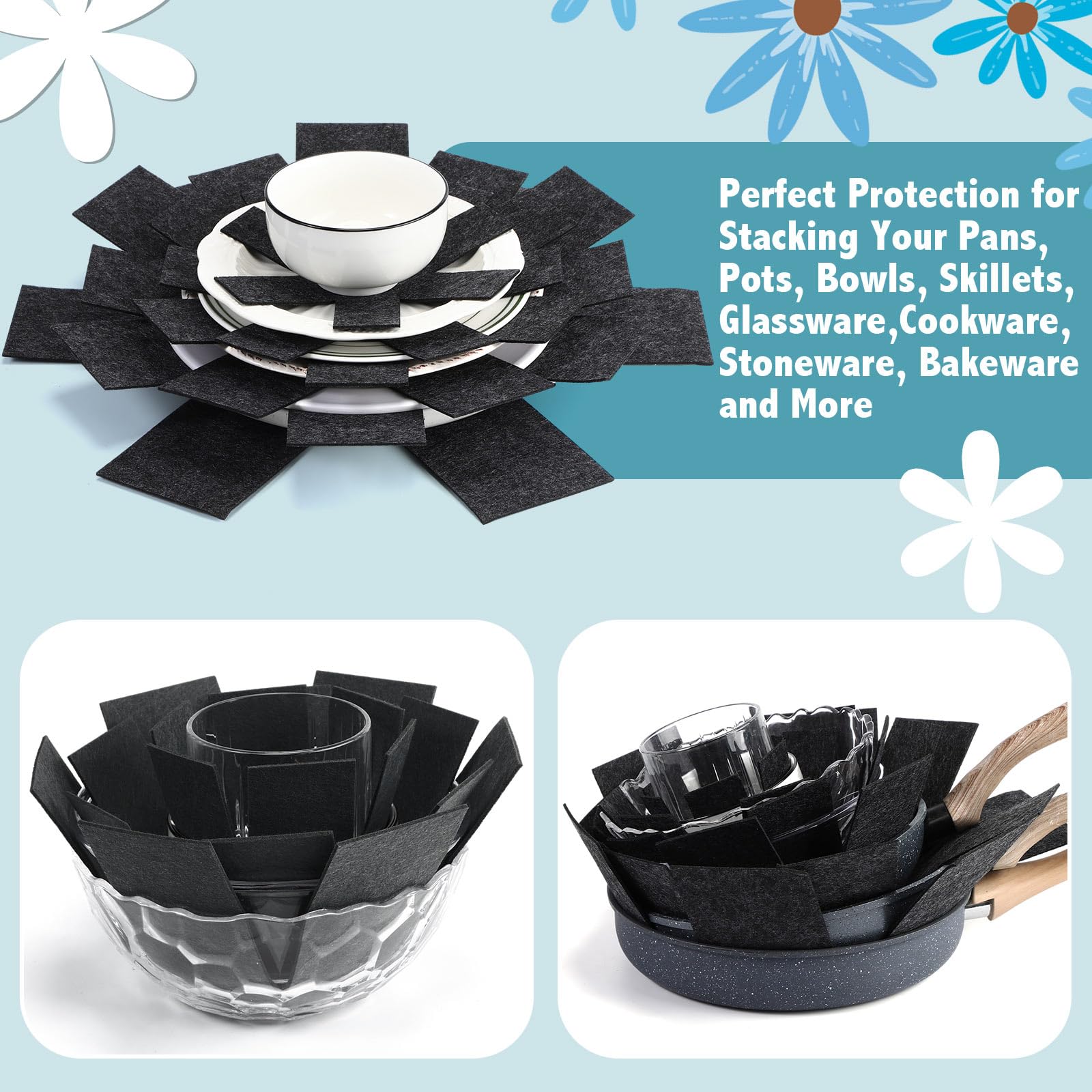 Queekay 60 protectores de ollas y sartenes, 6 tamaños diferentes, protectores de utensilios de cocina, separadores de ollas, almohadillas separadoras apilables para proteger y separar sartenes (negro)