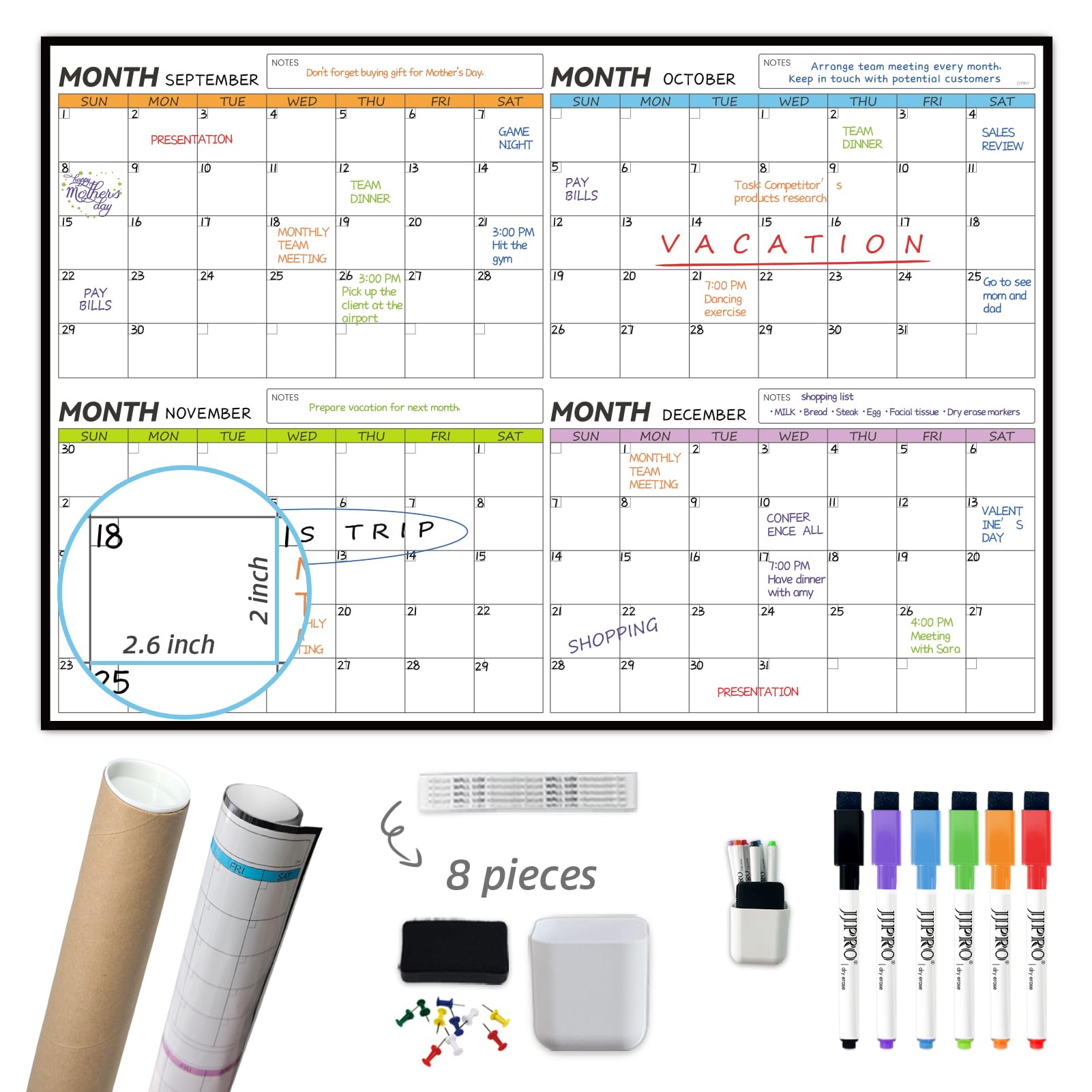 JJPRO Dry Erase 4 Month Wall Calendar - 38x26 Inches - Blank Undated 4 Month Dry Erase Calendar for Wall-Premium Laminated Whiteboard Planner-Reusable