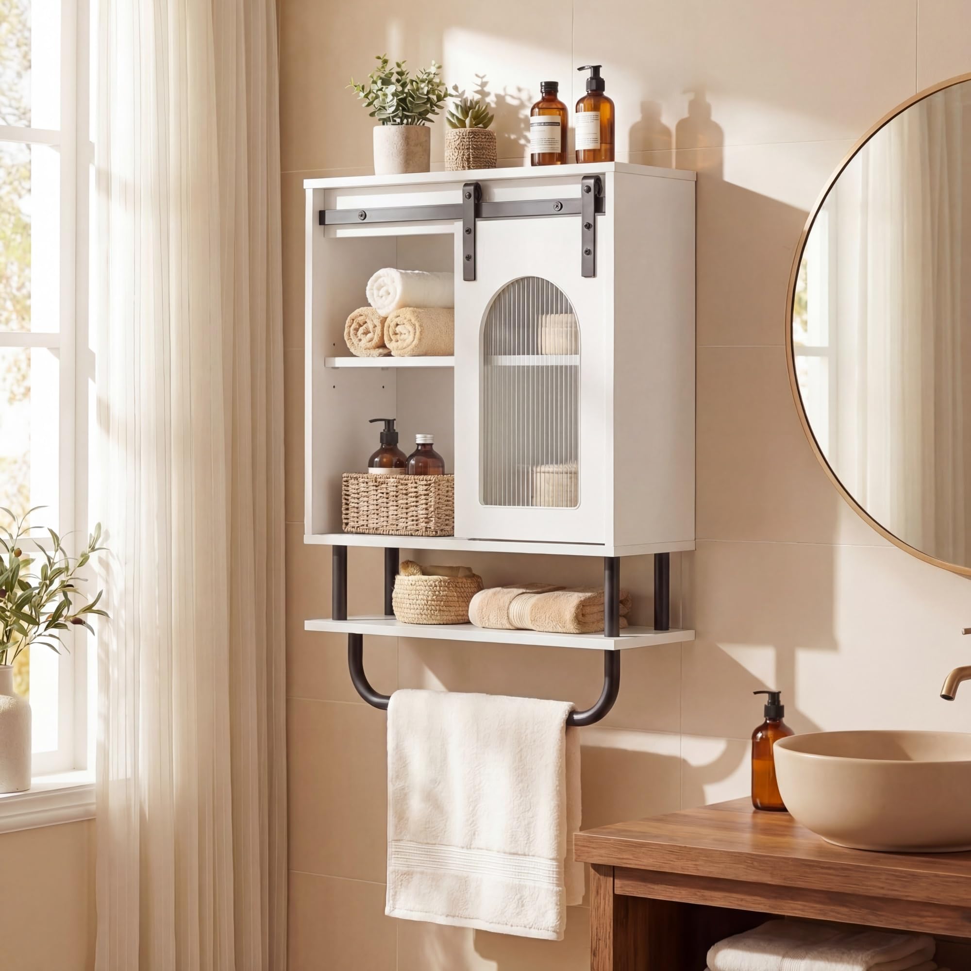LIFEZEAL Armoire Murale de Salle de Bain, Armoire avec Porte-Serviettes et Compartiment Ouvert, Meuble Suspendu pour Salle de Bain, Cuisine, Salon, 50 x 20 x 70 cm (Blanc3)