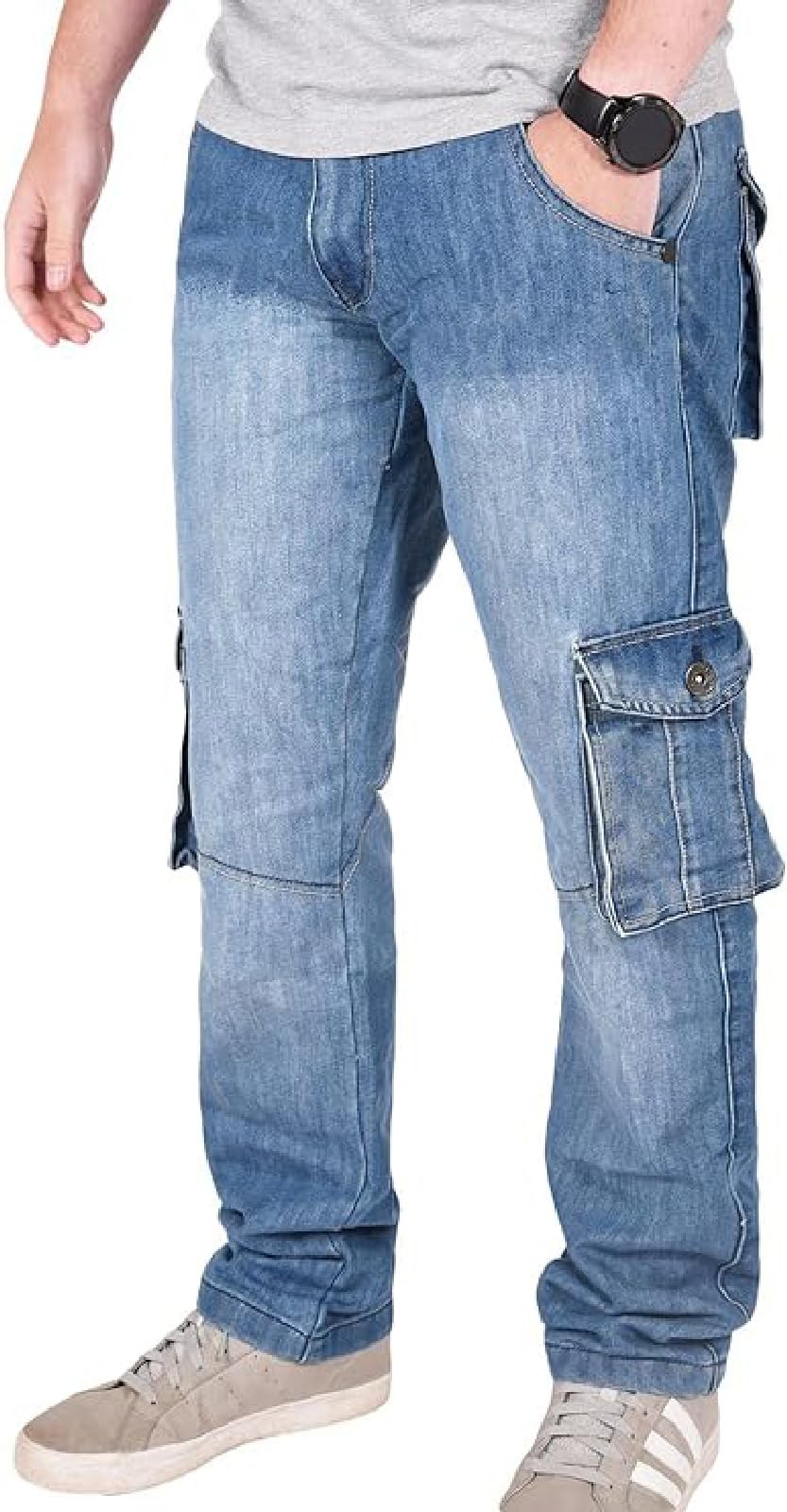 True Face Men's Stone Wash Jeans Cargo Combat Denim Regular Fit Trouser Casual Multipocket Bottoms Zip Fly Pants Large