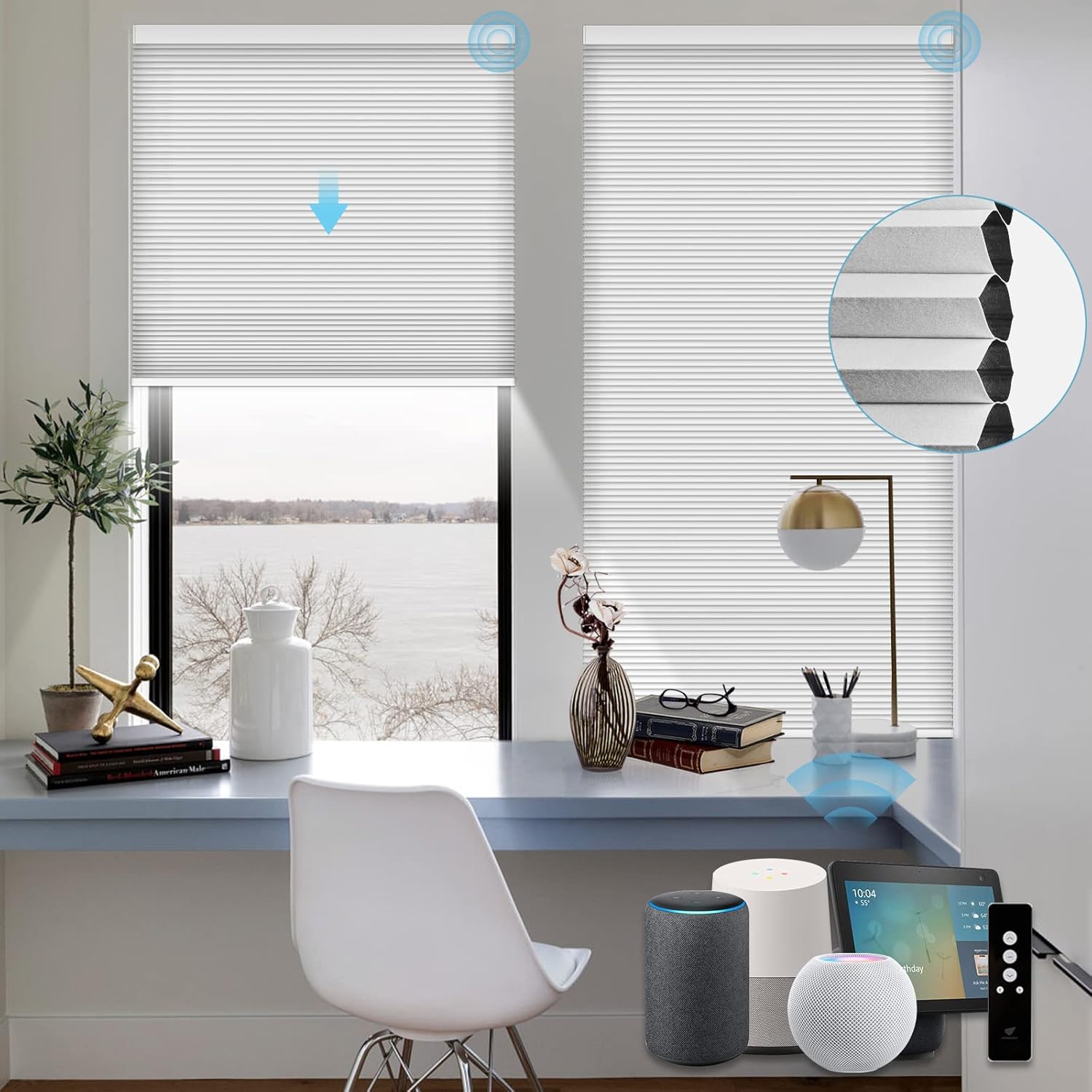 SmartWings Motorized Cellular Shade 100% Blackout Compatible with Homekit Alexa, Cordless Single Cell Electric Blinds with Remote Customized Size Smart Blinds for Windows (Grey)
