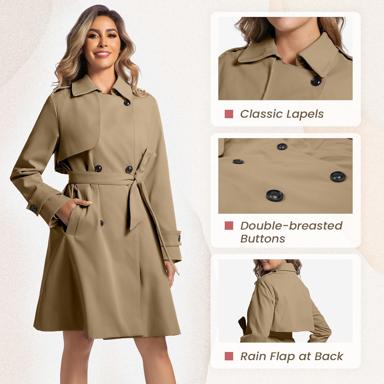 Women's Long Trench Coats Classic Double Breasted Jackets Water Resistant Turn Down Collar Belted Jacket - Image 4