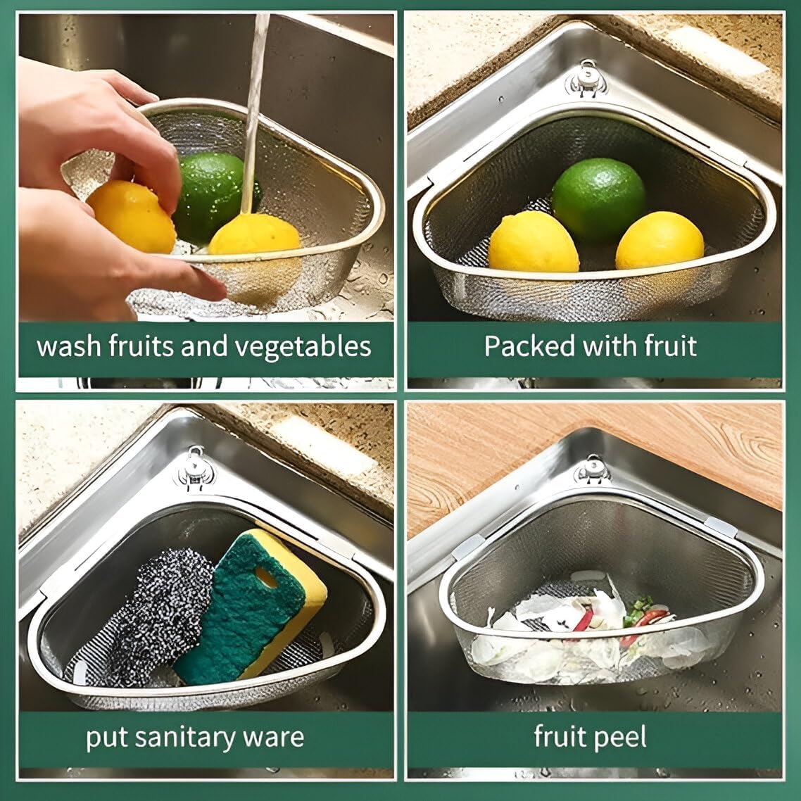 Radhav Mart Stainless Steel Kitchen Corner Sink Strainer Basket – Multifunctional Triangle Food Catcher and Drain Strainer for Vegetables, Fruits, and Waste (Silver) 2