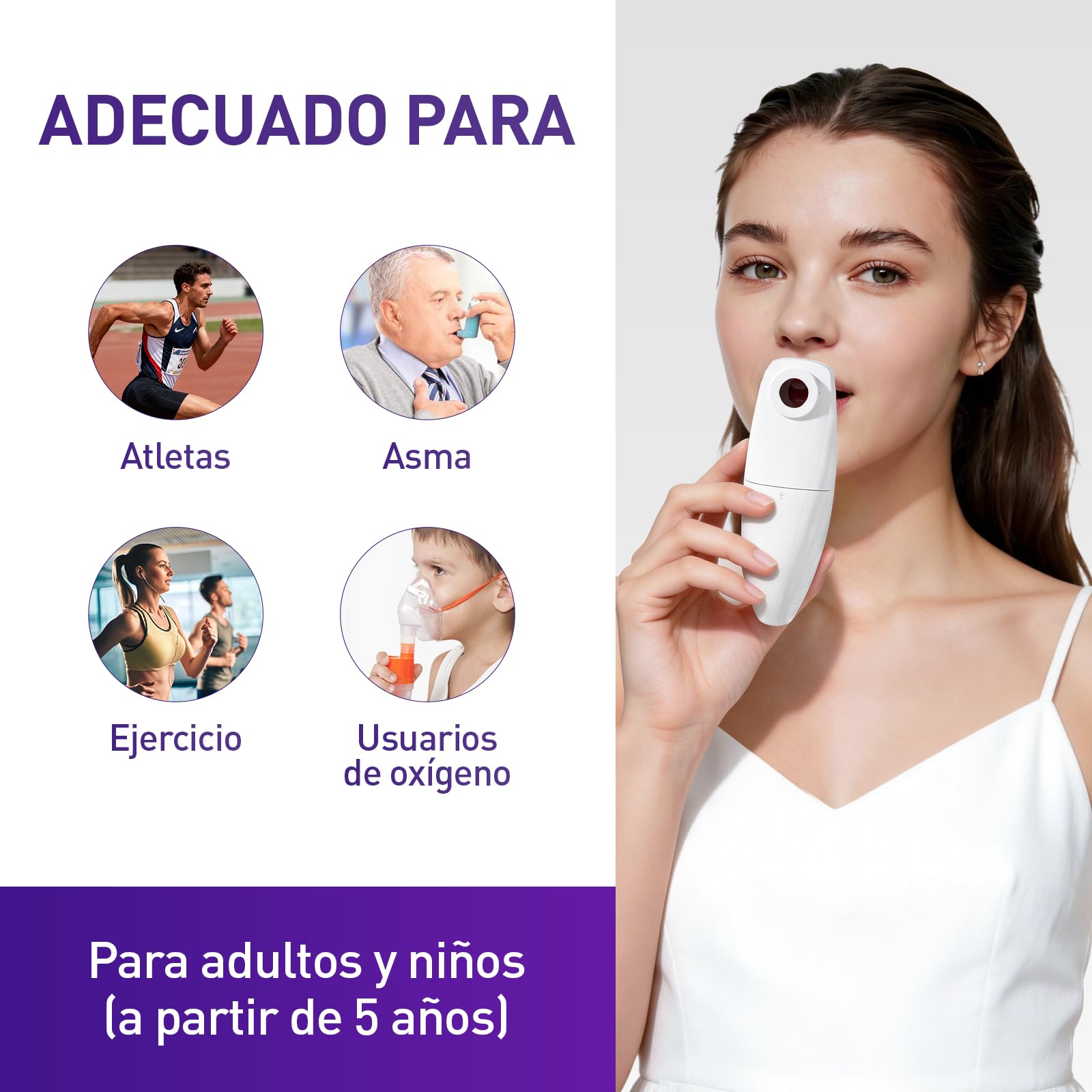 Medidor de flujo espiratorio, sin Bluetooth, para adultos y niños para monitorear la función pulmonar, LCD, espirómetro digital para asma, EPOC, PEF y FEV1, indicador de riesgo, formulario de diario
