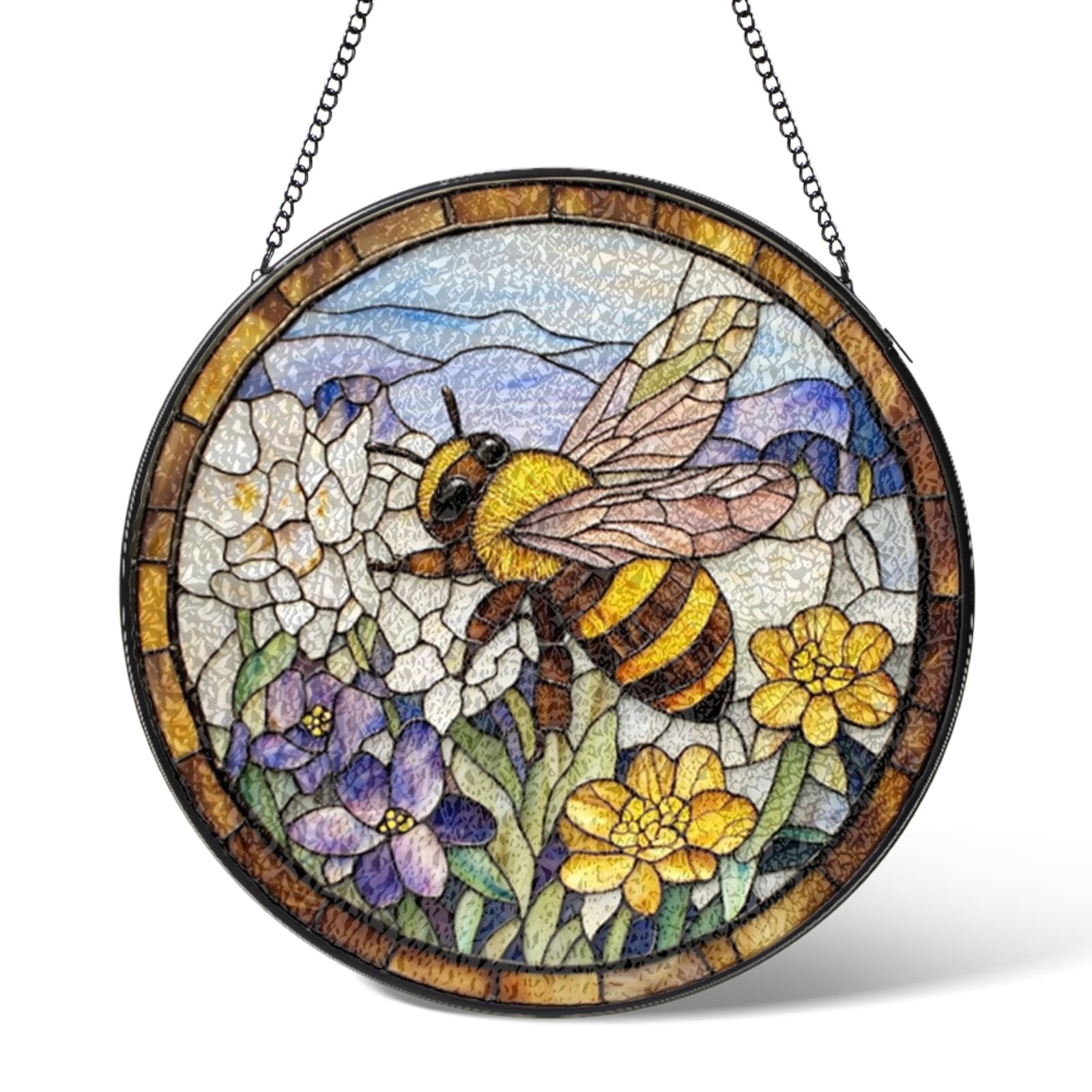Bee Stained Glass Window Hanging,Flowers Suncatcher Garden Decor Birthday Gifts,Sun Catchers Home Decoration for Bedroom Farmhouse Kitchen Patio Windows,Christmas for Grandma 5.9 IN