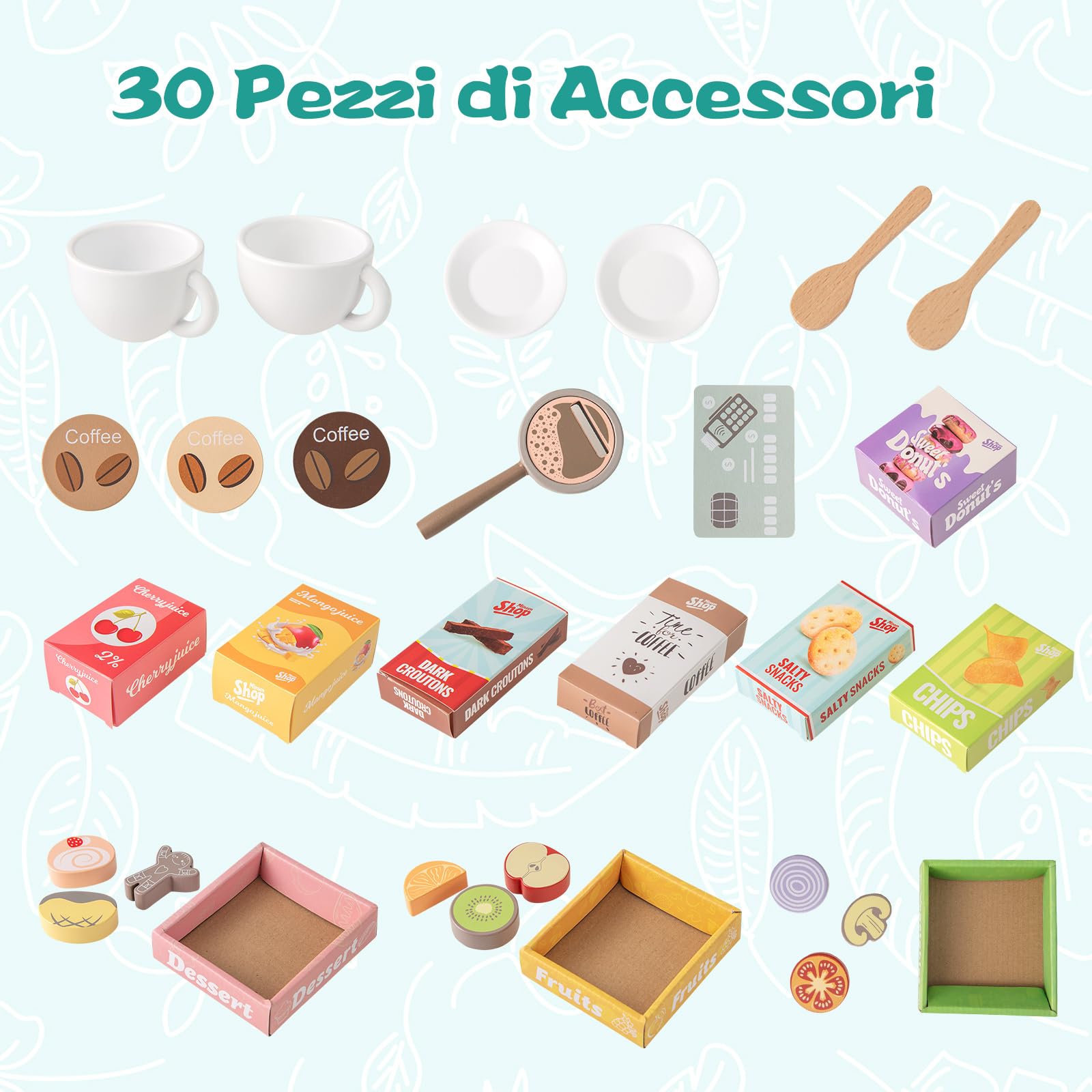 COSTWAY Mercato Giocattolo per Bambini con Cassa, Negozio Giocattolo in Legno con Macchina Caffè e Distributore Automatico, Banco Mercato Giocattolo con Scaffali e 30 Accessori, per Bambini 3+ Anni