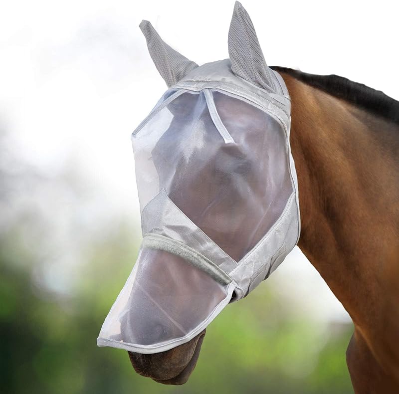 Máscara contra moscas para cavalos Harrison Howard CareMaster com proteção ocular, focinho longo e orelhas Moonlight Silver tamanho Médio (Cob)