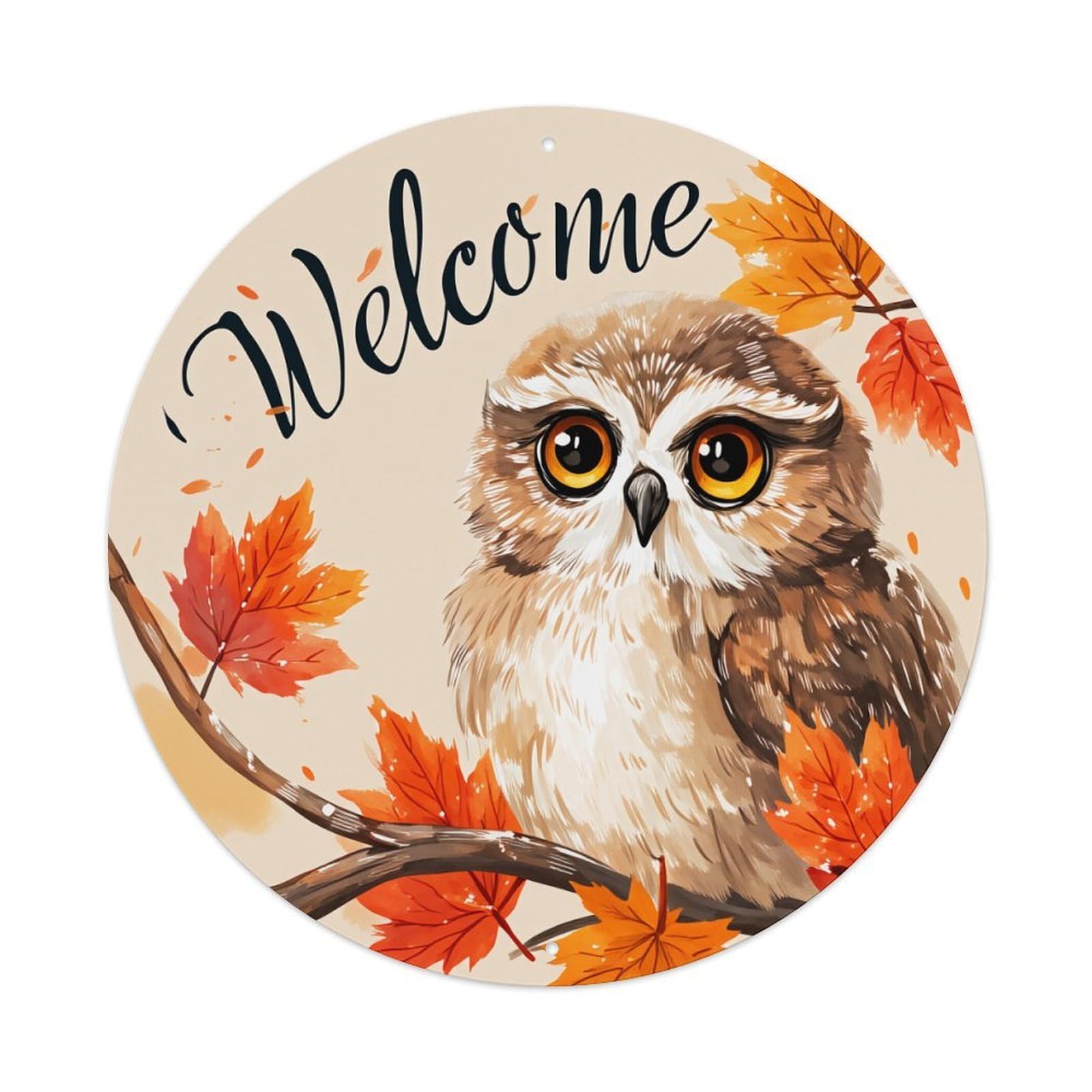 Owl Autumn Leaves Welcome Branch Round Tin Sign Vintage Metal Poster, Home Bar Garage Man Cave Cafe Indoor & Outdoor Wall Decoration 8x8Inches