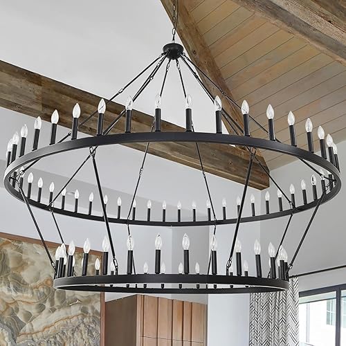 Extra Large Black Wagon Wheel Chandelier 80 Inch 80-Lights Farmhouse Pendant Light Fixture, 2 Tier Round Rustic Large Chandeliers for high Ceilings Dining Room Kitchen Island Foyer Entryway