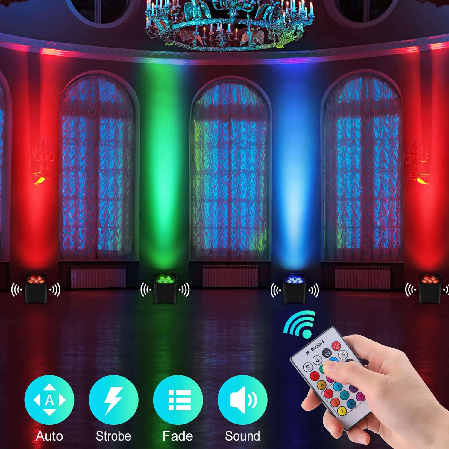 Luce par senza fili 6 x 18 W RGBWA+UV Uplighting - Luci da palcoscenico alimentate a batteria con APP, telecomando e controllo DMX, schermo LCD per DJ Live Show, matrimoni ed eventi