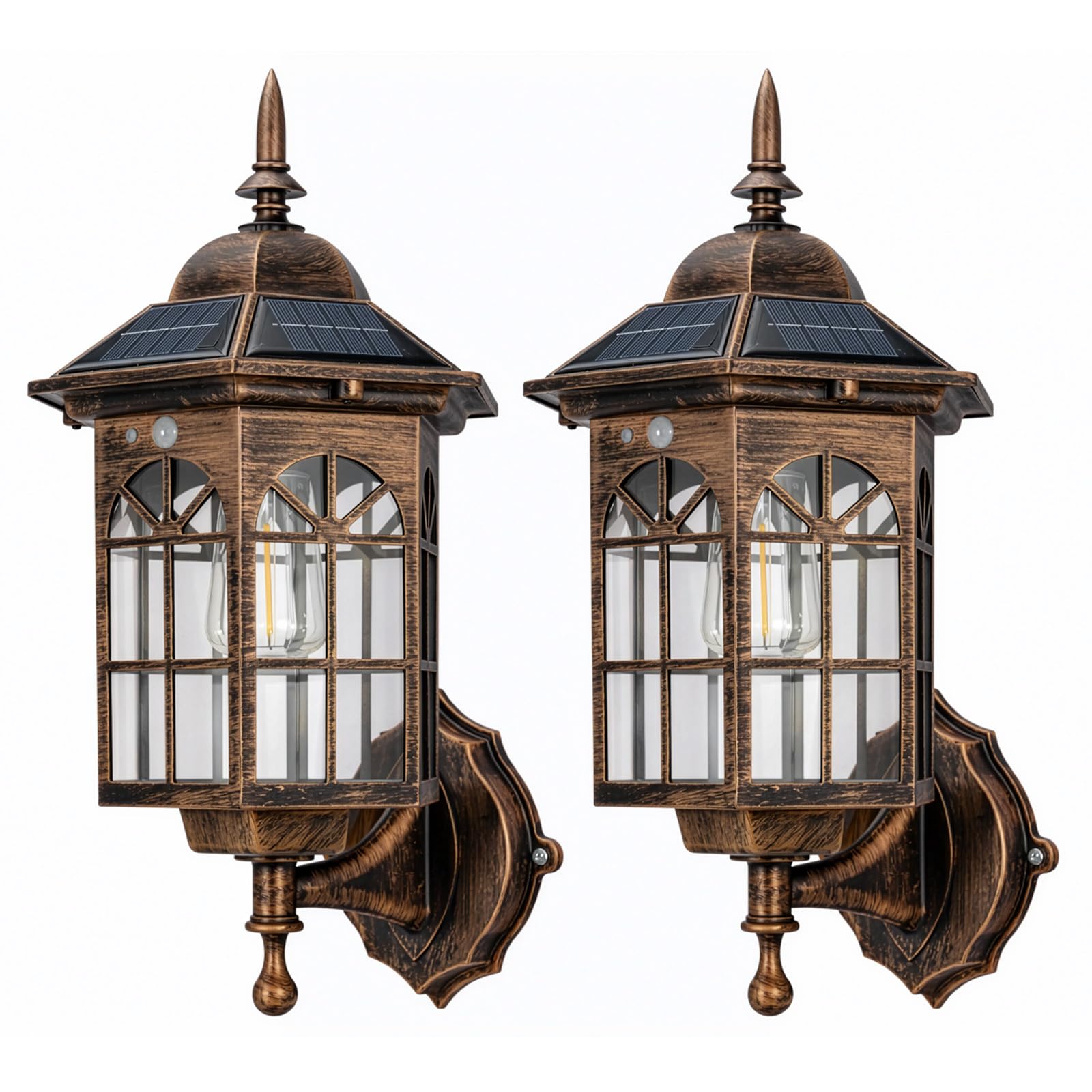 SUNNYNEST Solar Wall Lights Outdoor Brown 2 Pack with Motion Sensor, Vintage Solar Lantern Wall Light, 3 Lighting Modes IP65 Waterproof Solar Garden Lights for Patio Porch [Energy Class A]