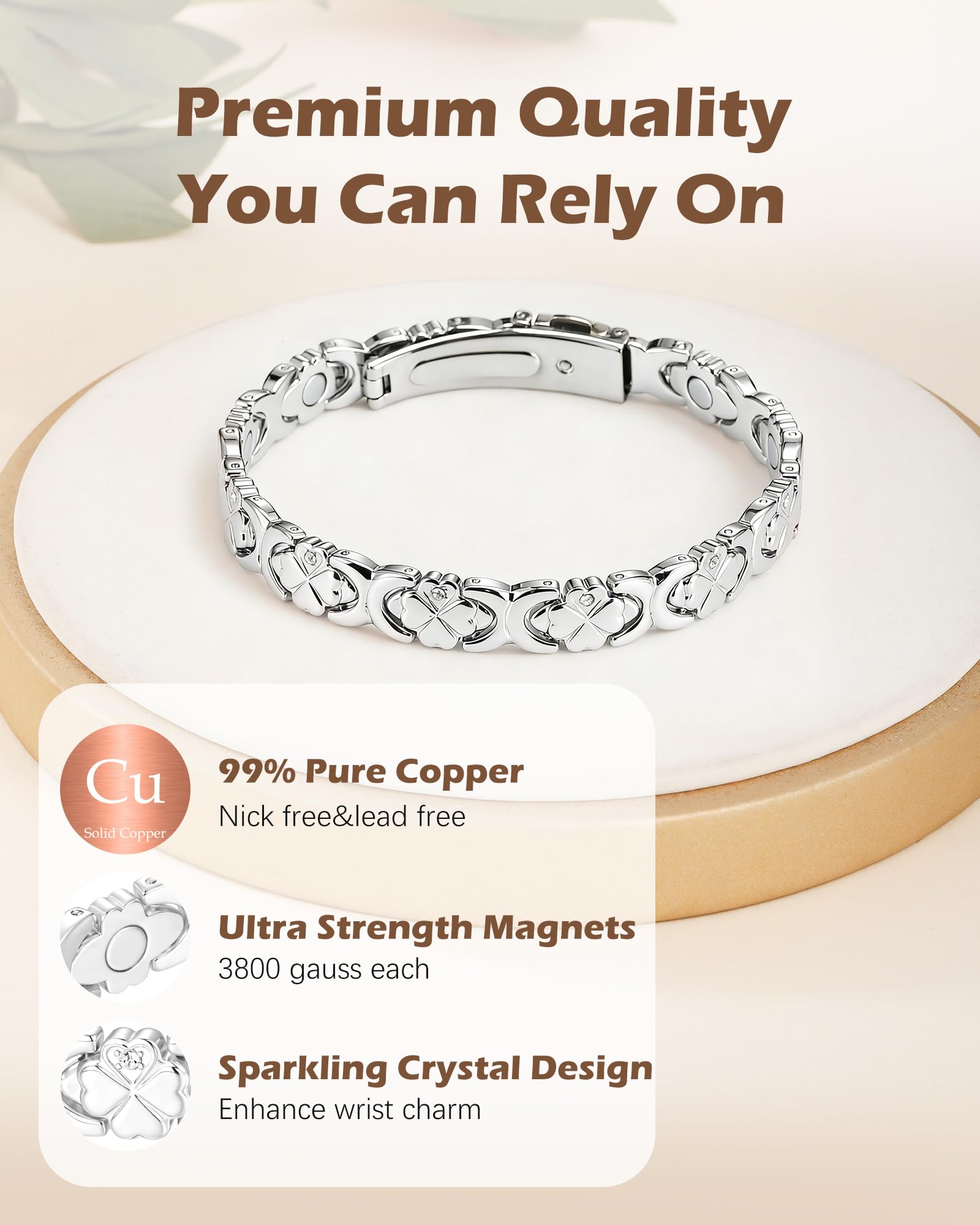 Jeracol Pulseras de cobre puro para mujer, pulsera de cobre con imanes y cristales brillantes, regalo de joyería (plata)