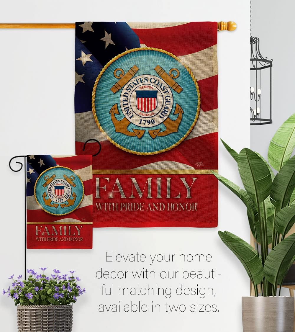 US Coast Guard Family Honor Burlap Garden Flag - Armed Forces USCG Semper Paratus United State American Military Veteran Retire Official - House Banner Small Yard Gift Double-Sided 13 X 18.5