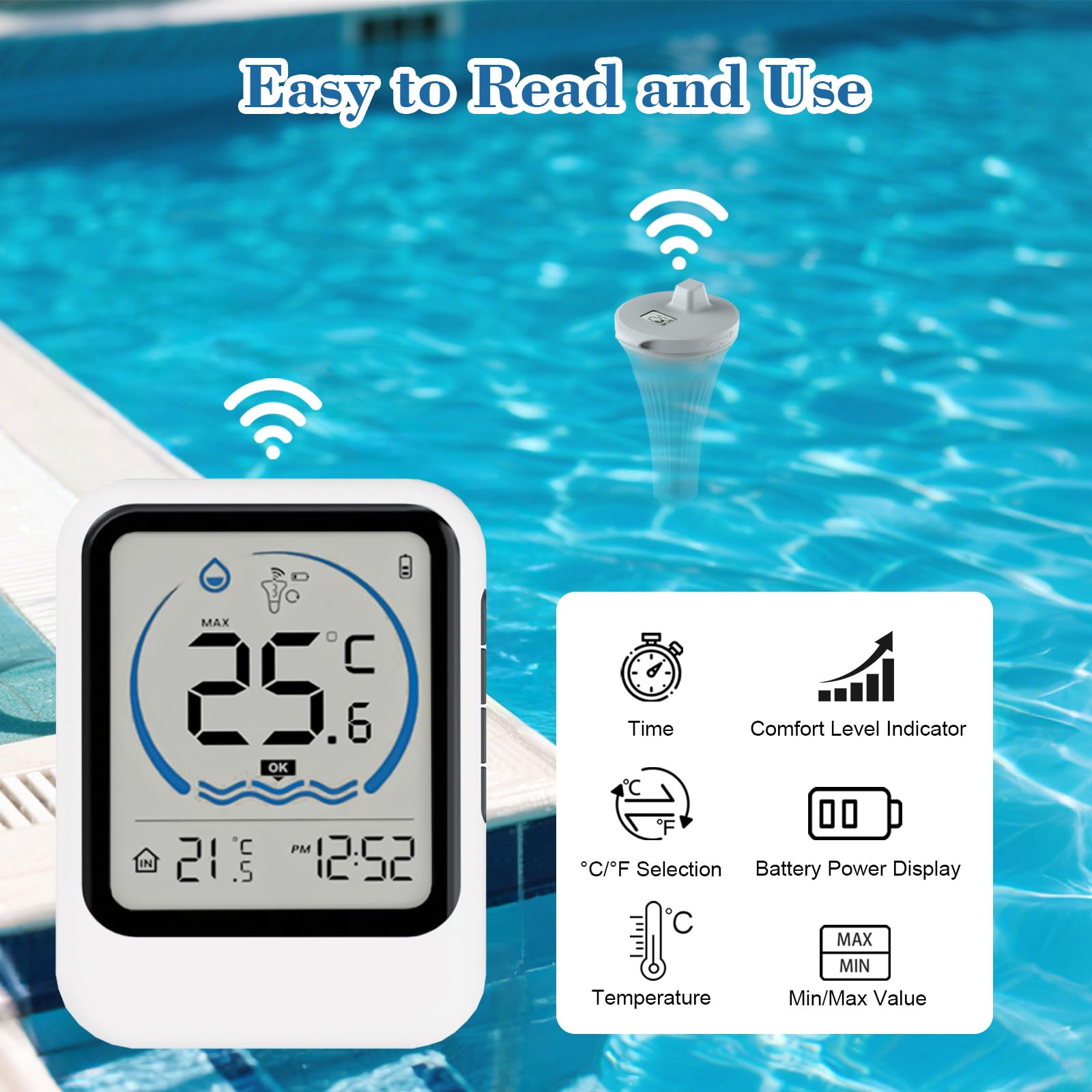 Pool Thermometer Funk, Digital Poolthermometer Schwimmend Funk mit IP68 Wasserdicht, Schwimmbadthermometer Wasserthermometer Digitales Thermometer für Pools, Badewannen, Schwimmbäder, Aquarium, Teich