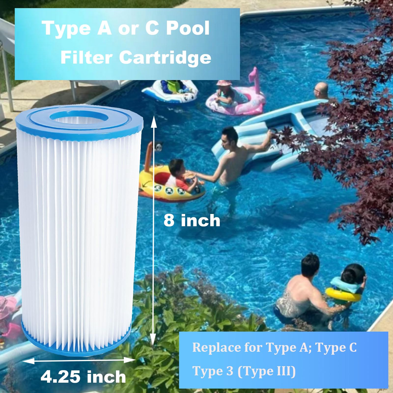 Lot de 8 cartouches filtrantes de piscine 59900E/29000E pour pompes filtrantes de piscine Intex Type A ou Type C Bestway Type 3 (Type III)