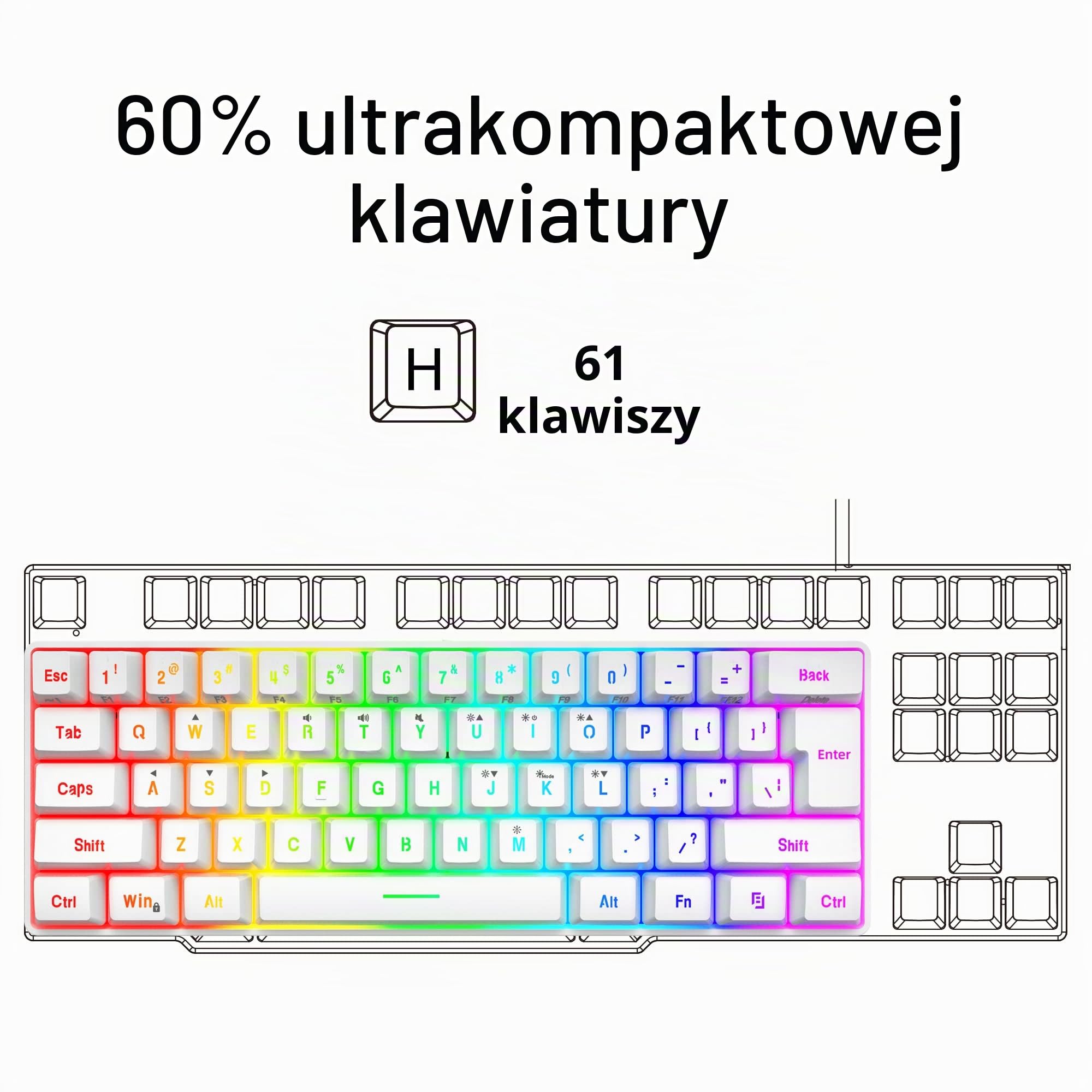 Snpurdiri 60% przewodowa klawiatura do gier, kompaktowa mini klawiatura RGB podświetlana z uczuciem mechanicznym, cicha klawiatura membranowa z USB C, przenośna klawiatura do biura i podróży do