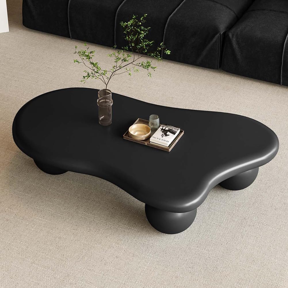 47" Cloud Coffee Table for Living Room Irregular Coffee Table Modern Low Coffee Tables Abstract Faux Stone Cute Center Table with 3 Ball Legs for Small Space Apartment Black