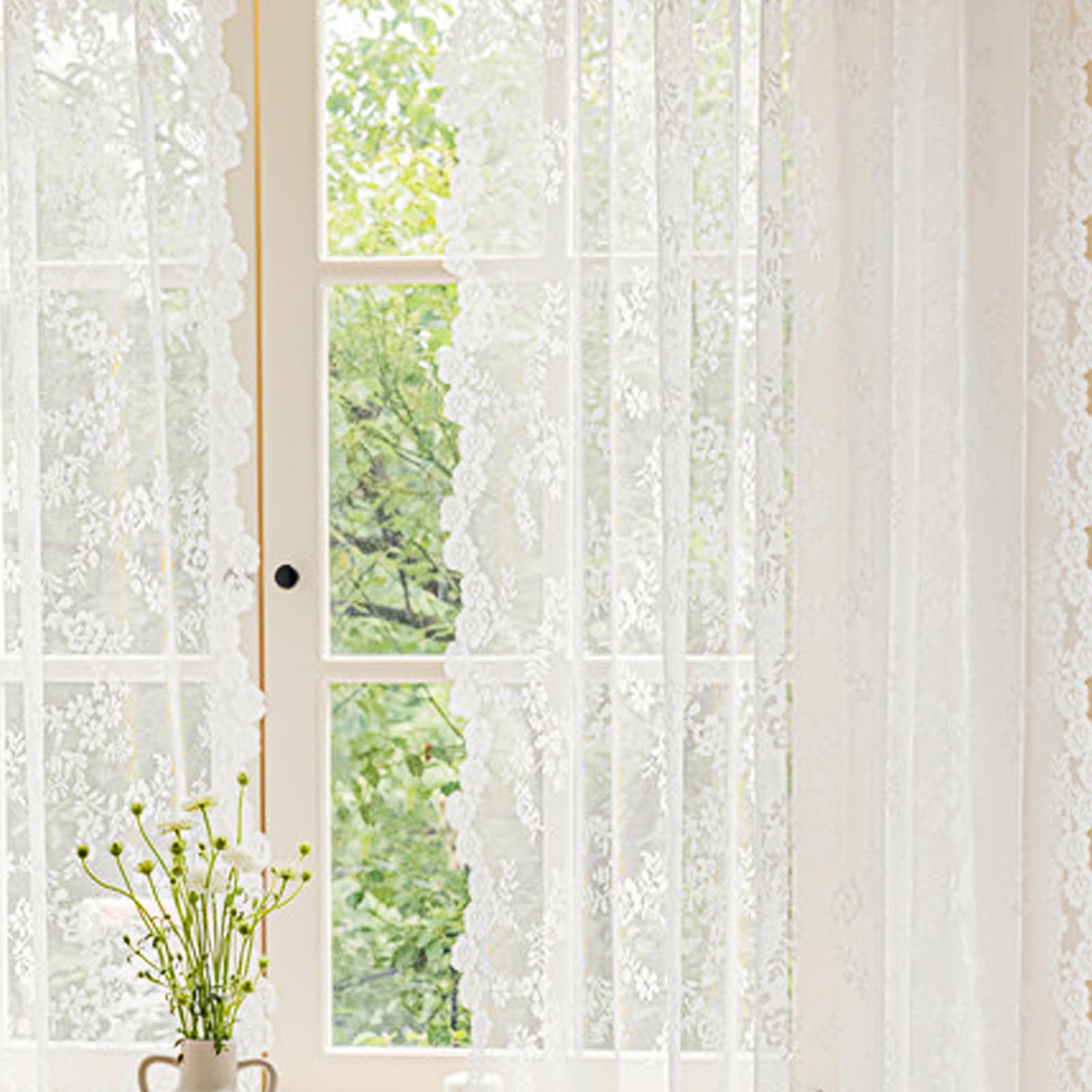 Lot De 2 Rideaux en Dentelle Florale Blanche, Toatelu Rideau en Tulle Blanc avec Broderie Florale, Rideau Dentelle
