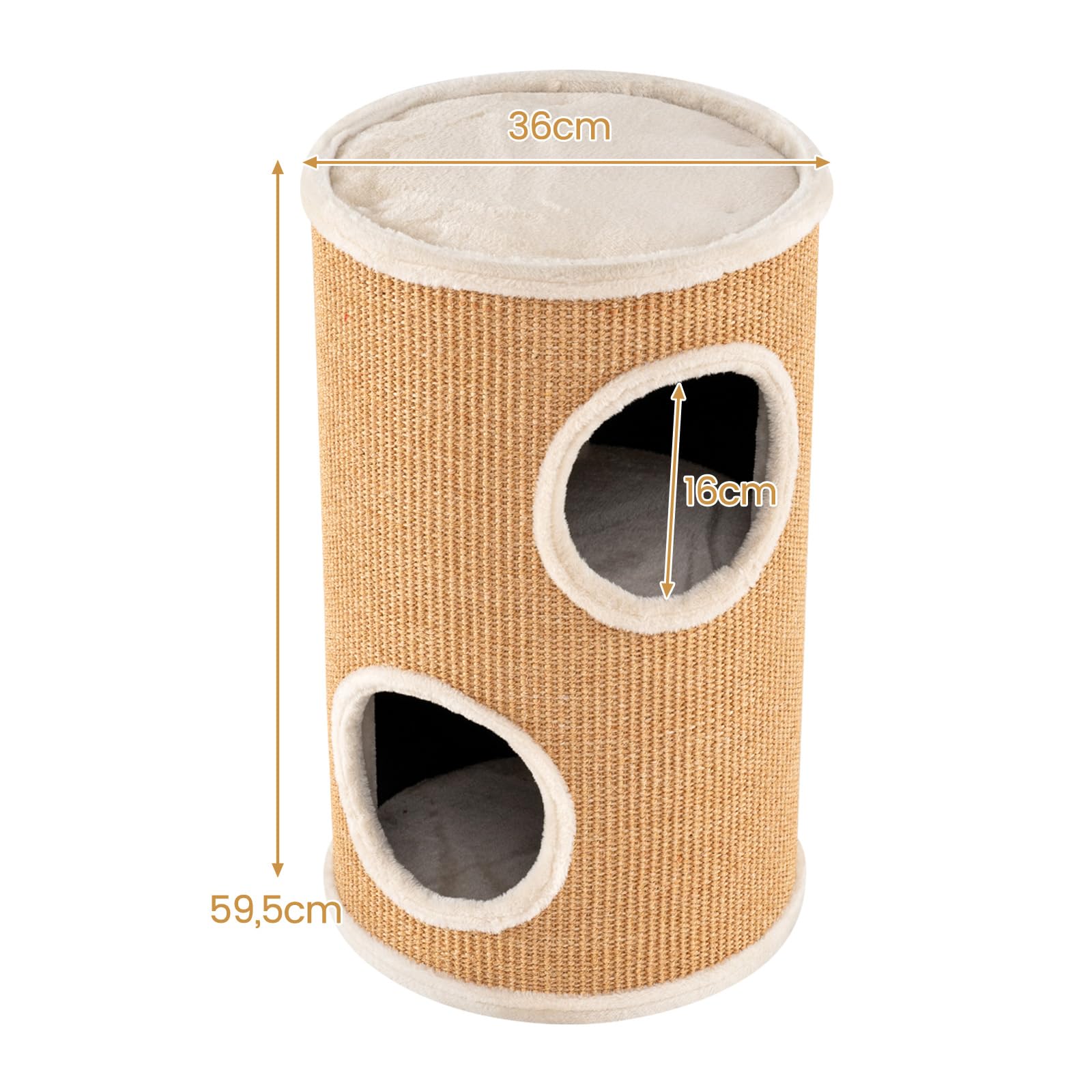 GYMAX Barril Rascador para Gatos Ø36x60/70 cm con 2/3 Niveles, Torre Multinivel para Gatos con Percha de Peluche, Rascador de Sisal, Árbol para Gatitos de Interior, Exterior (Beige)