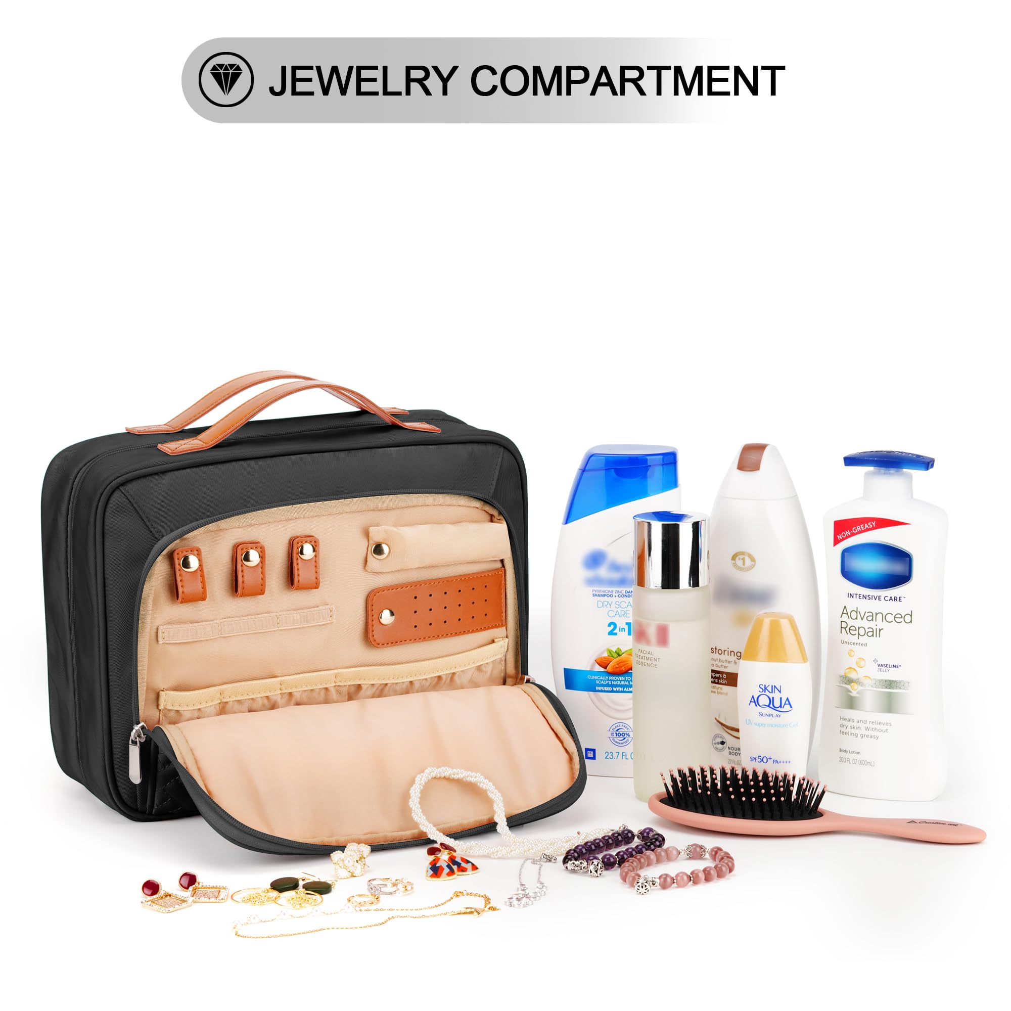 Travel Hanging Toiletry Bag for Women, with Jewelry Organizer Compartment, Medium Waterproof Hanging Makeup Accessories, Cosmetic Essentials, Toiletries Dopp Kit Set with Trolley Belt, Black