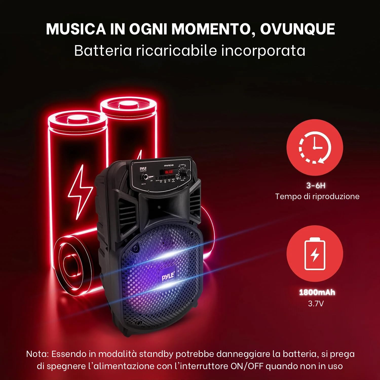 Pyle Speaker Bluetooth Portatile,Ricaricabile da 300W con Subwoofer da 20,32 cm e Tweeter da 2,54 cm, Ingresso Microfono, MP3/USB, Radio, Telecomando