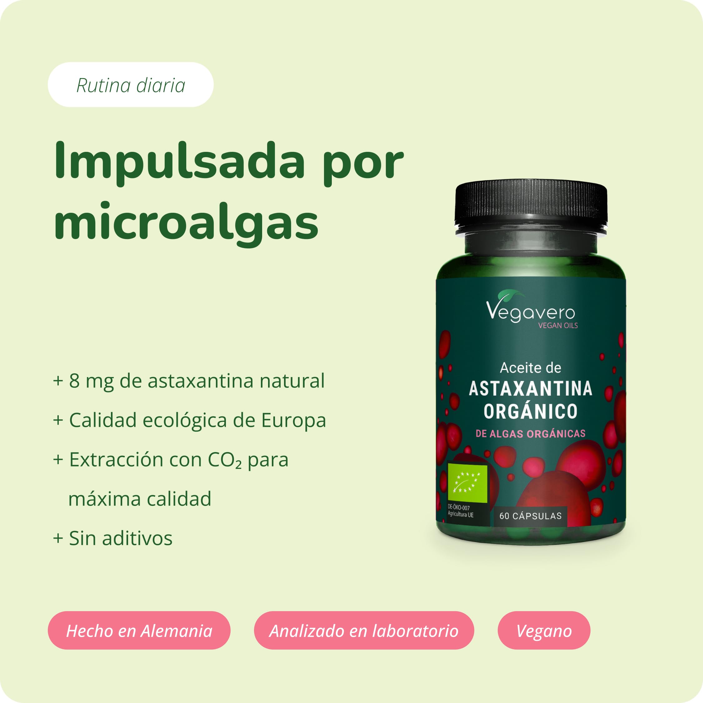 Astaxantina BIO Vegavero | 8 mg en Aceite Ecológico Puro | Alta Absorción | 60 Cápsulas | Antioxidante y para la Vista | Sin aditivos | Vegano
