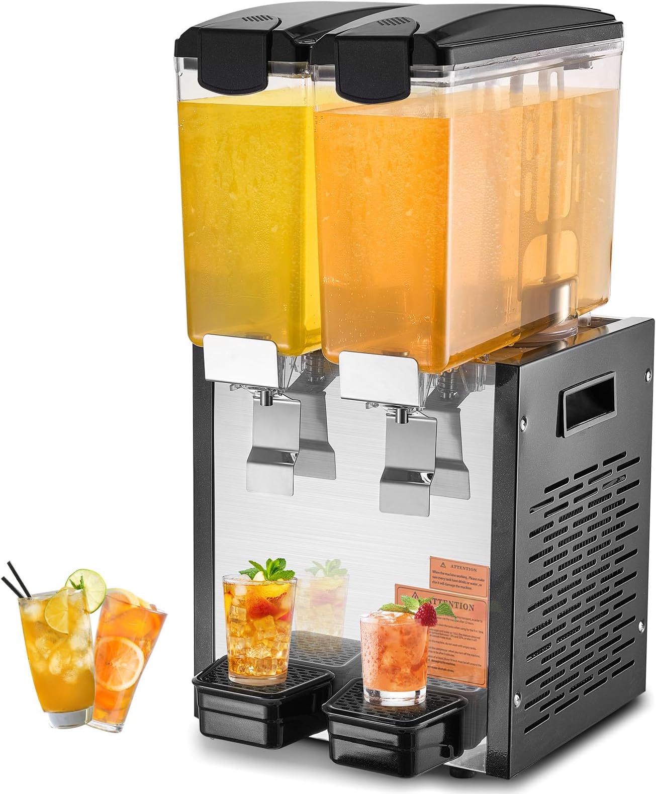 Commercial Beverage Dispenser, 2 Tanks 10 L / 10.6 QT Per Tank Juice Dispenser, 270W Stainless Steel Ice Tea Drink Machine with 45°F-54°F Cooling Temperature, for Cold Drink Restaurant Bar Party