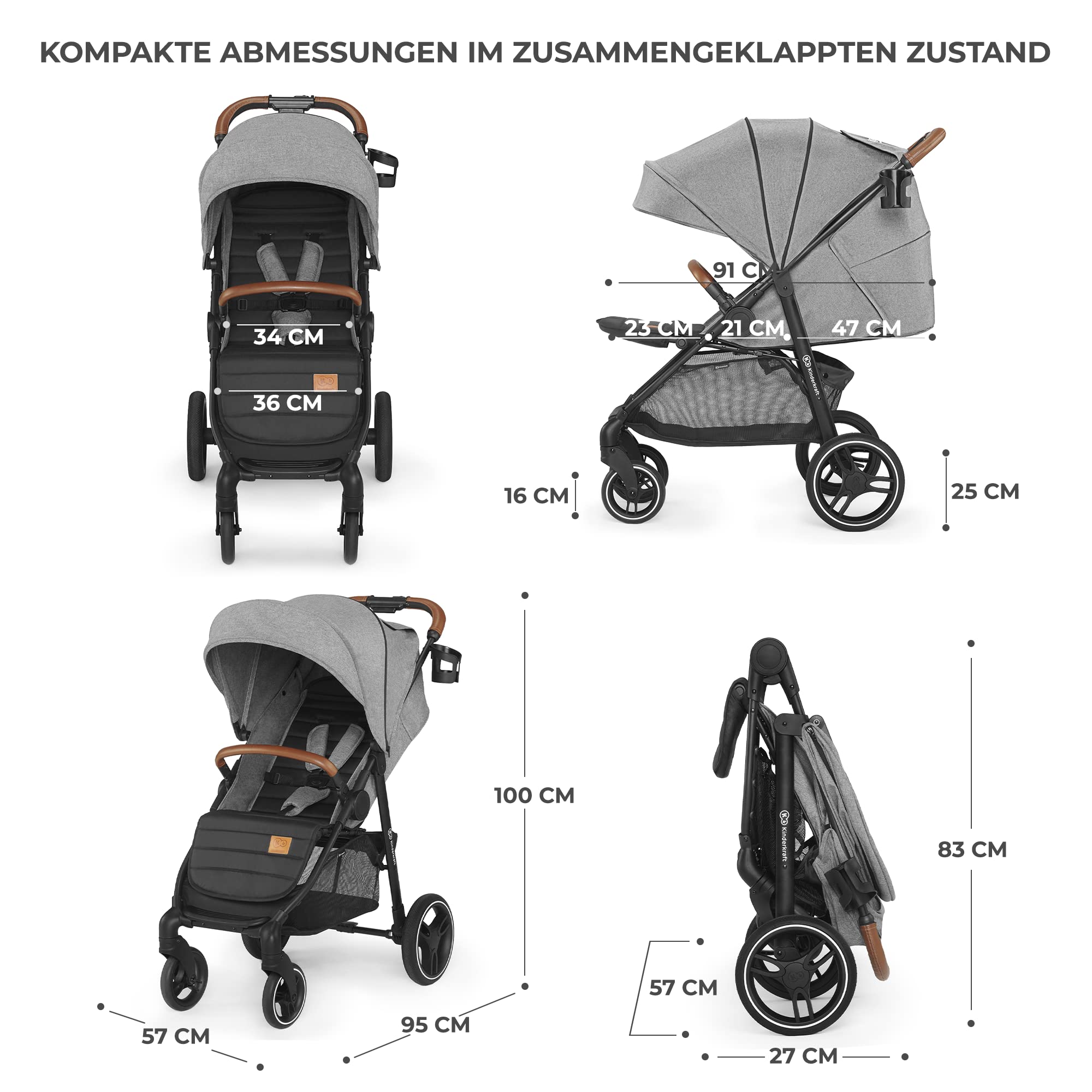 Kinderkraft GRANDE PLUS Buggy von Geburt bis 22 kg, Zusammenklappen mit einer Hand, Liegeposition, großes Verdeck mit Fenster, gedämpfte Räder, Grau
