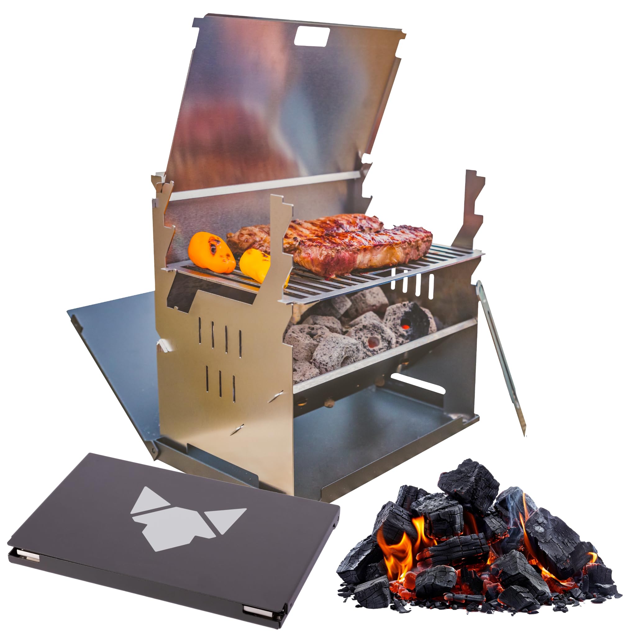 FENNEK Grill und Zubehör | Mobiler und steckbarer Holzkohle-Grill aus Edelstahl für Camping, Trekking, Vanlife, Garten und Outdoor Grill-Spaß | mit integriertem Kohlekamin | Made in Germany