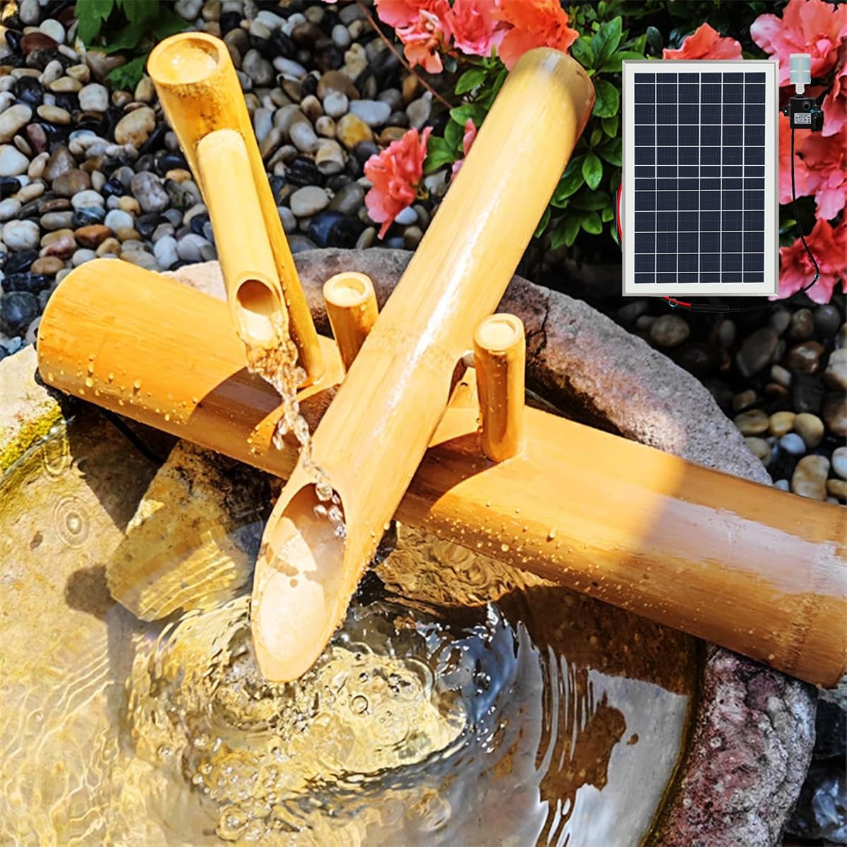 Solar Bamboo Fountain Decor, Bamboo Solar Fountain with Pump,Feng Shui Zen Water Fountains,Solar Powered Bamboo Fountain Natural Zen Decor,for Indoor Outdoor Backyard Lawn,80CM