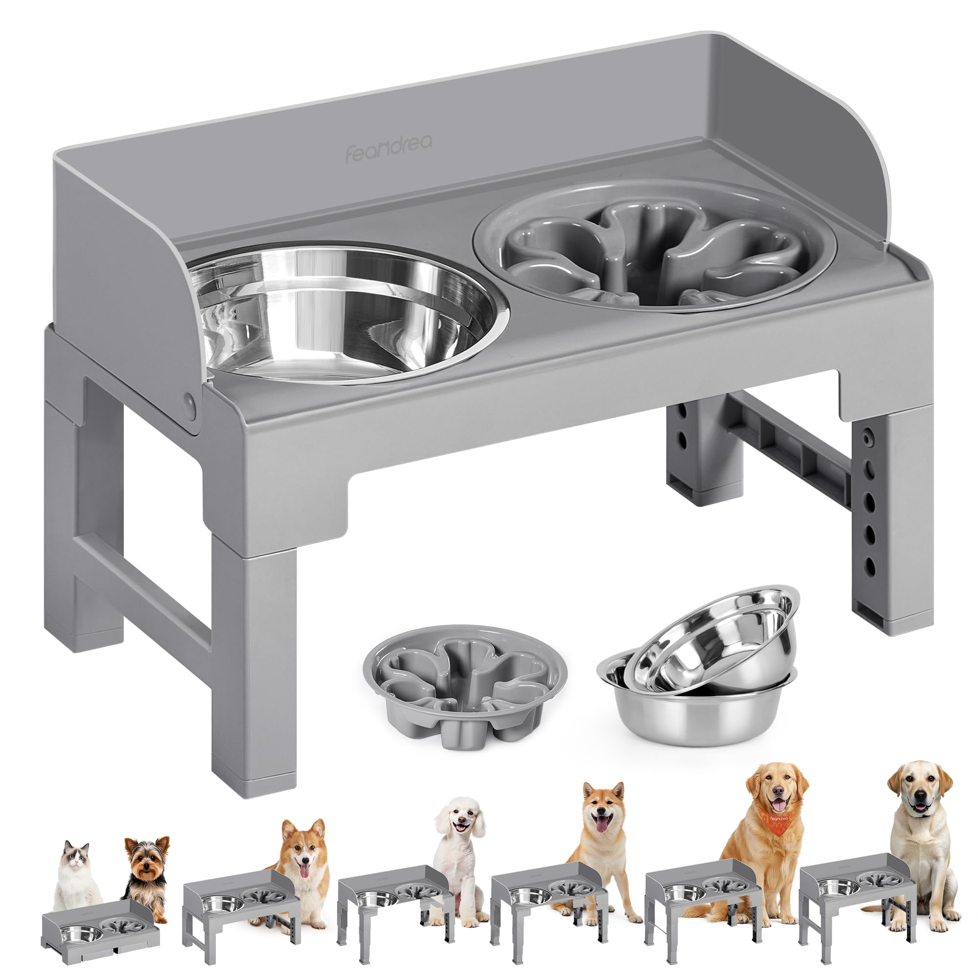 Feandrea Ciotole Rialzate per Cani, Supporto Regolabile con 1 Ciotola Slow Feeder e 2 Ciotole in Acciaio Inox 304, Altezza e Inclinazione Regolabili, Grigio Tortora PRB103GD01