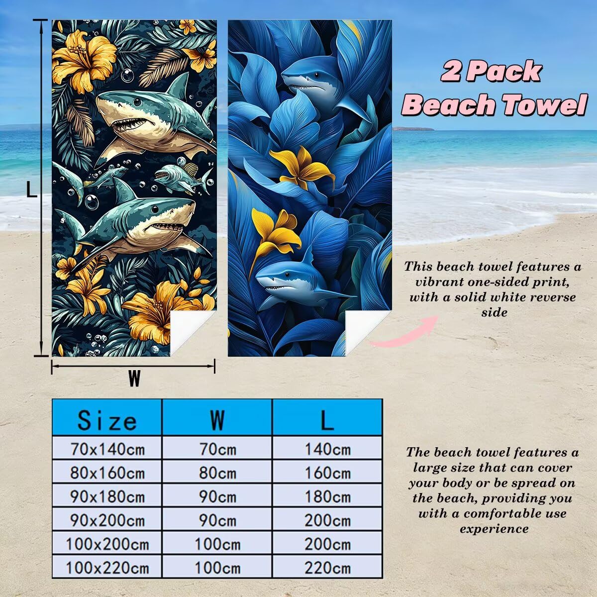 Toalla Playa 100x220 cm, Toalla Gimnasio Microfibra Secado Rapido, Juego de 2 Antiarena Toallas de Playa, Ligera Compacta Toallas Microfibra Grande para Viaje, Regalo Hombre Mujer (Tiburón) -5093