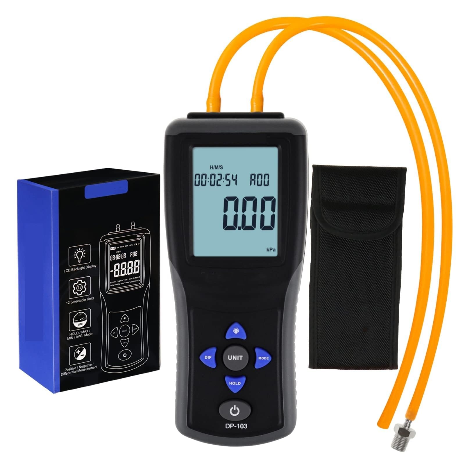 Digital Manometer Gas Pressure Tester, 12 Units Professional Manometer HVAC Air Pressure Testing Tool Pressure Meter HVAC Airflow Pressure Testing Tool with Large LCD Display Backlight for Home and RV