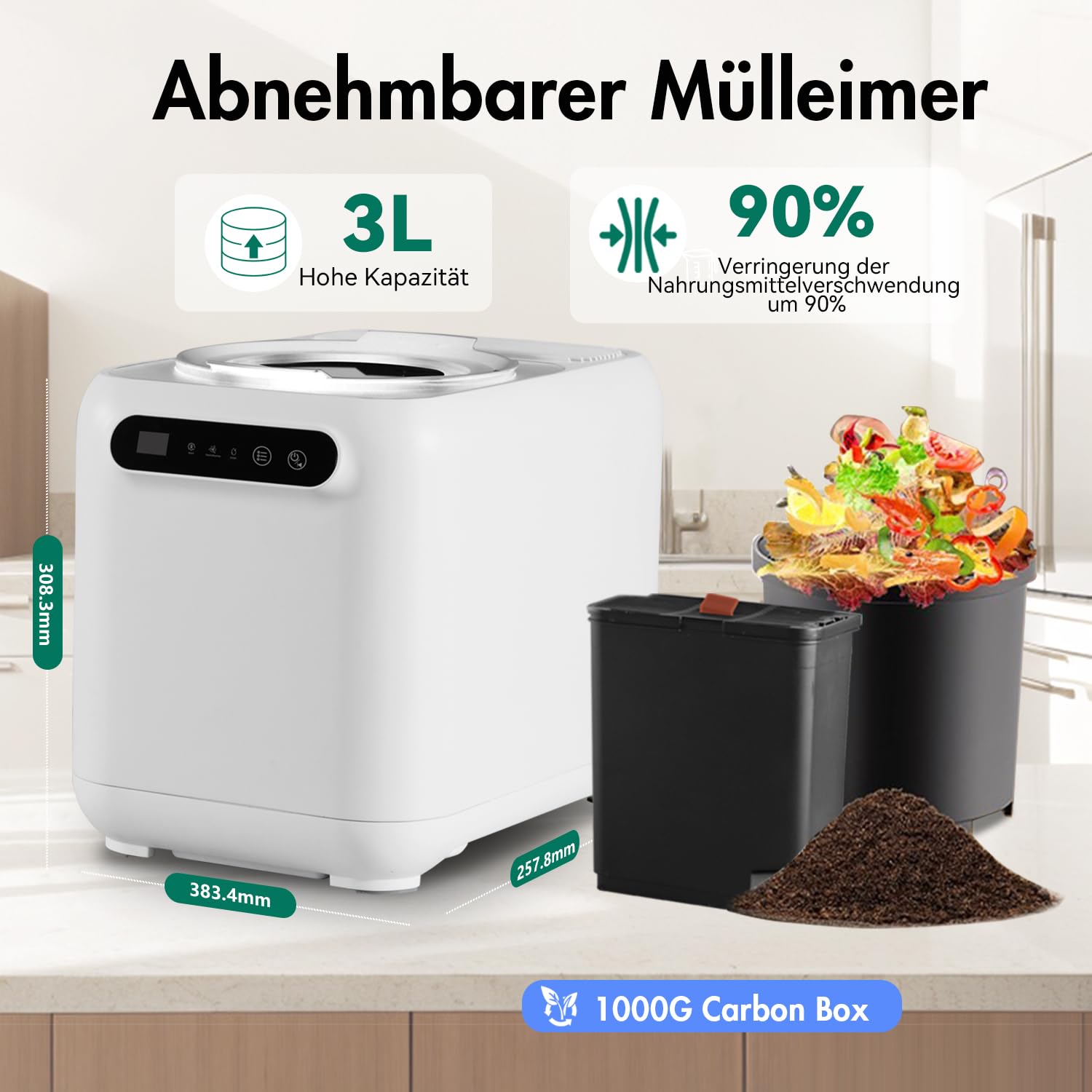 Elektrischer Komposter für Küche, 3L Arbeitsplatte Kompost Bin mit Big Carbon Filter und visuelle Fenster, verwandelt Lebensmittelabfall in Dünger, Geruchlos| Auto-Reinigung| Timing-Funktion