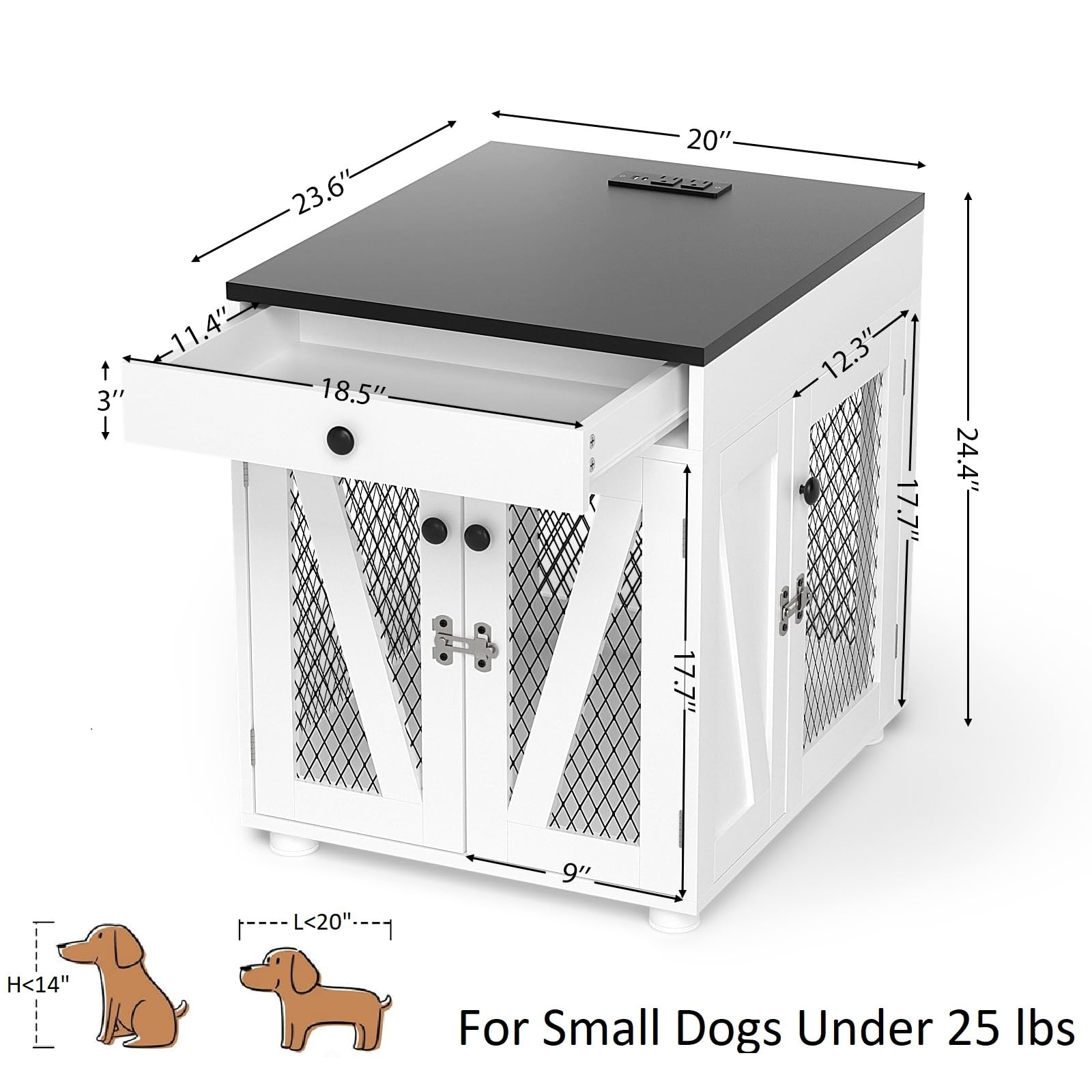 VOWNER Dog Crate Furniture, Wooden Dog Kennel End Table with USB Charging Station, Storage Drawer, Double Latched Door, Furniture-Style Crate Side Table for Small Dogs Under 25 lbs Indoor Use, White - image 2