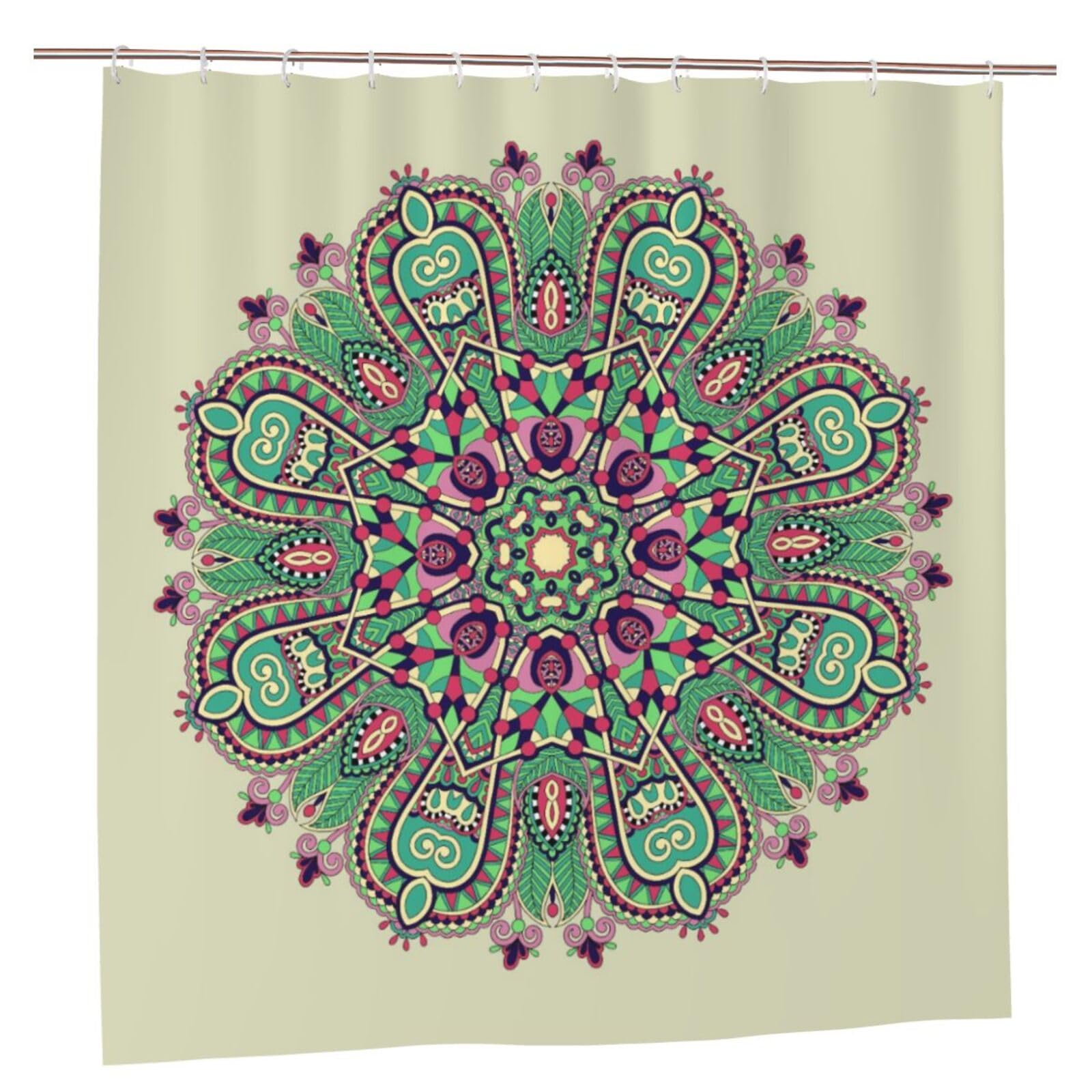 Oudrspo Polyester Fabric Shower Curtain - 70x70 Inch with Metal Grommets, Artistic Privacy Design, Pastel Mandala Symbol of Lotus Flower with Artsy Square and Triangles