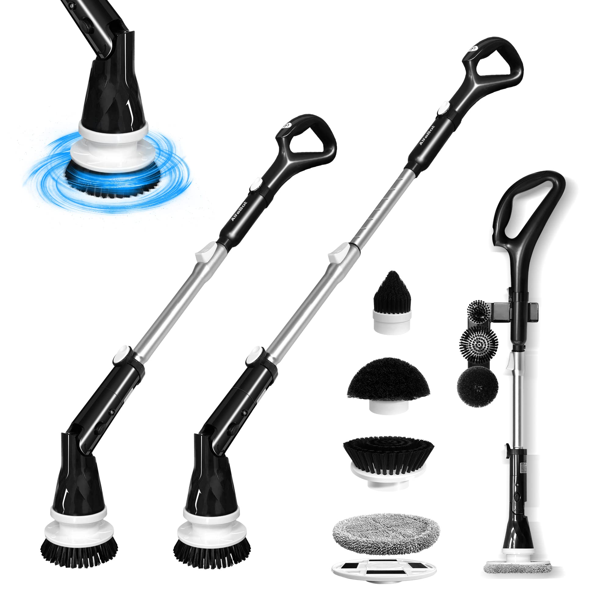 Electric Spin Scrubber, AlfaBot Cordless Powerful Scrub Brush for Cleaning Bathroom, Tile, Floor, Tub and Shower with Adjustable Extension Handle and 4 Replaceable Rotating Brush Heads